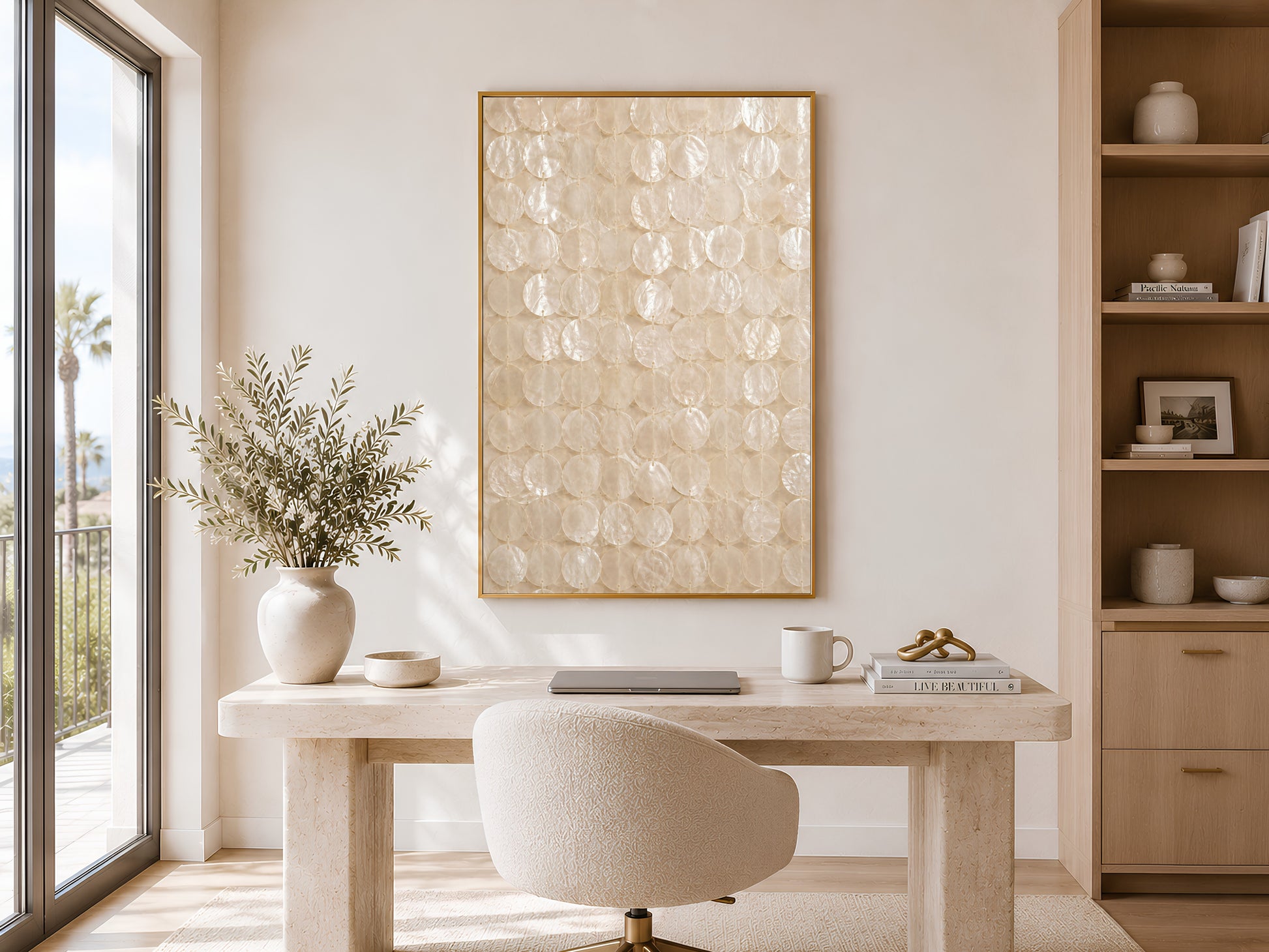 Capiz shell wall art print in a gold frame displayed in a bright home office with a round white desk, neutral chair, shelving with botanicals, and large window with natural light
