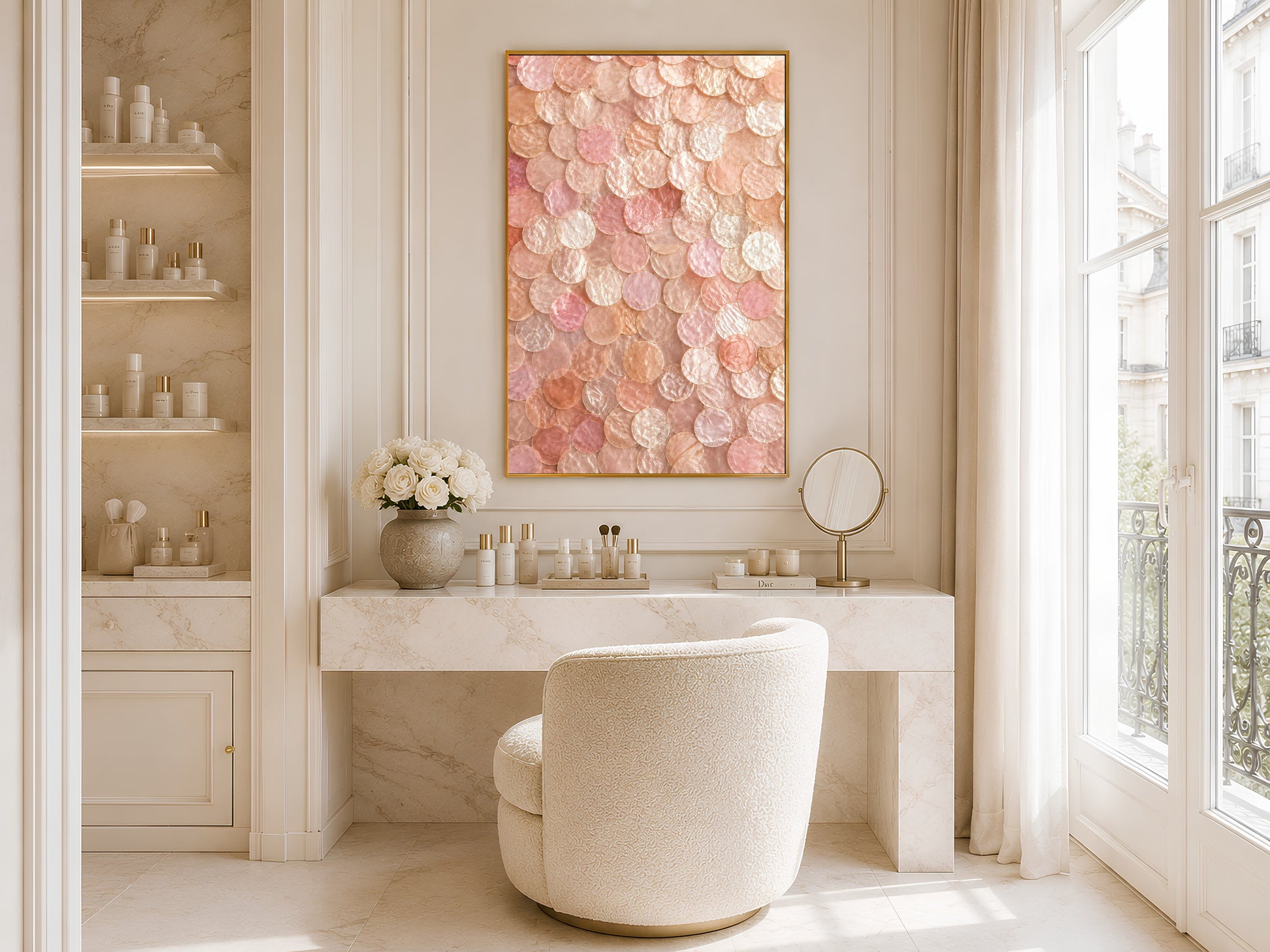 Blush pearl shell wall art printable hanging above a cream vanity desk in a soft feminine luxury dressing room with natural light.
