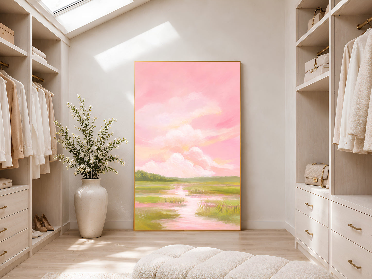 Pink sky marsh landscape wall art framed in walk-in closet with skylight
