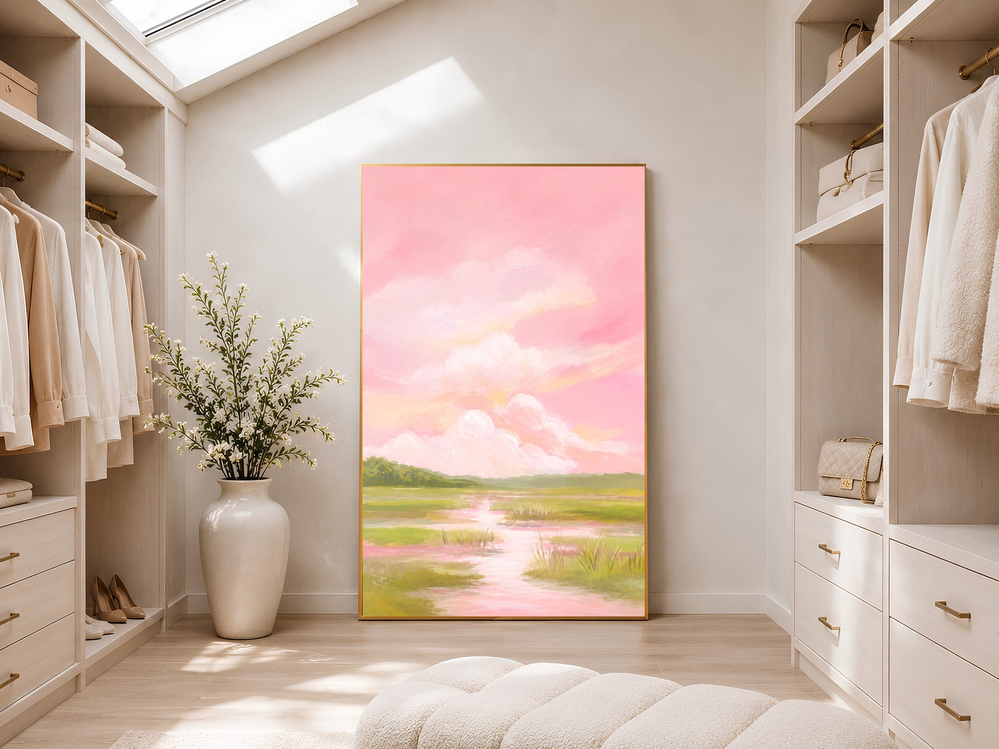 Pink sky marsh landscape wall art framed in walk-in closet with skylight
