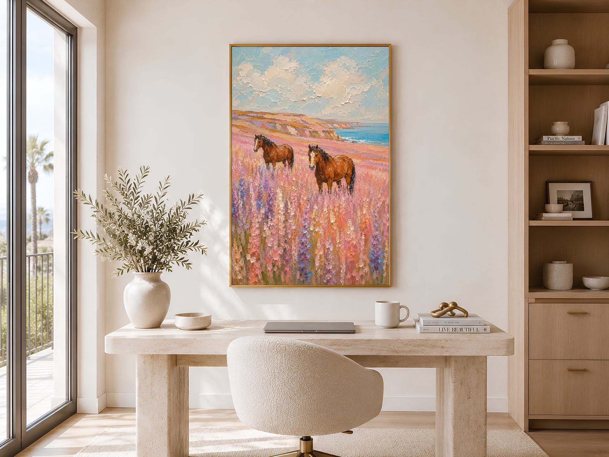 Two chestnut horses in a lavender and pink wildflower coastal meadow impasto painting in a gold frame displayed in a bright home office with a round desk, neutral chair, and large window with natural light
