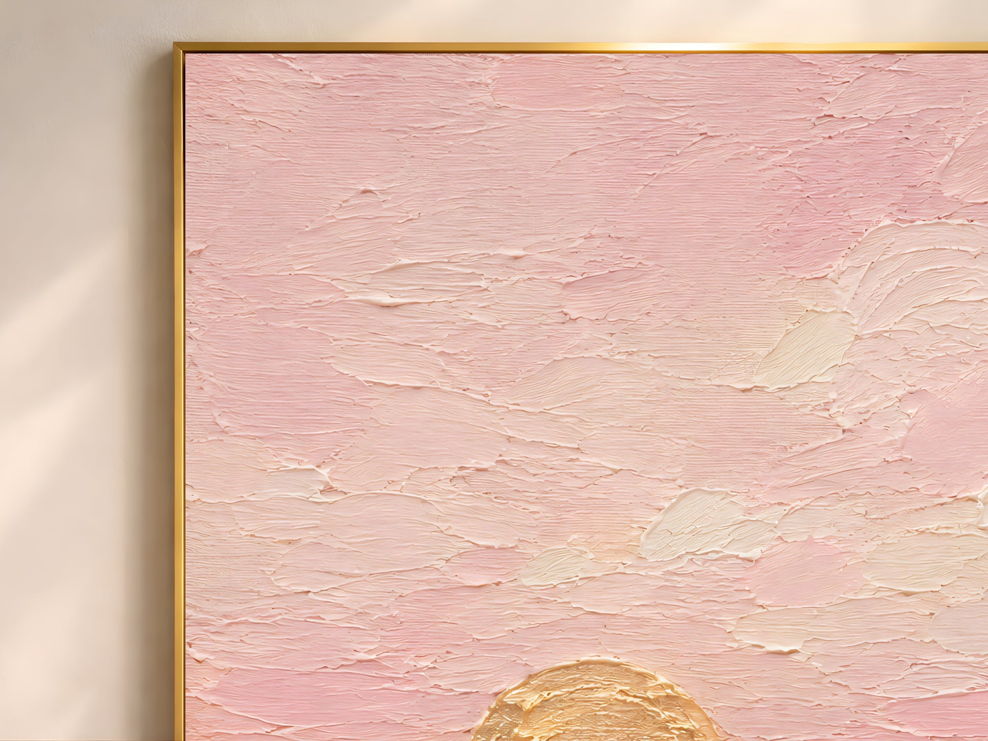 Close-up of impasto oil painting texture in blush pink and champagne gold brushstrokes on sunset wall art print.
