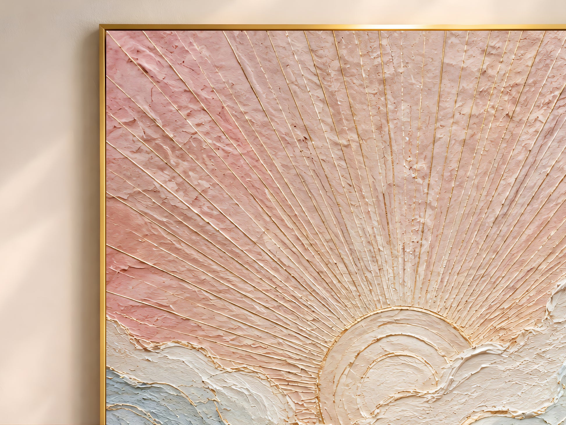 Close-up of pastel sun wall art print in gold frame showing impasto texture, boho sunburst painting detail
