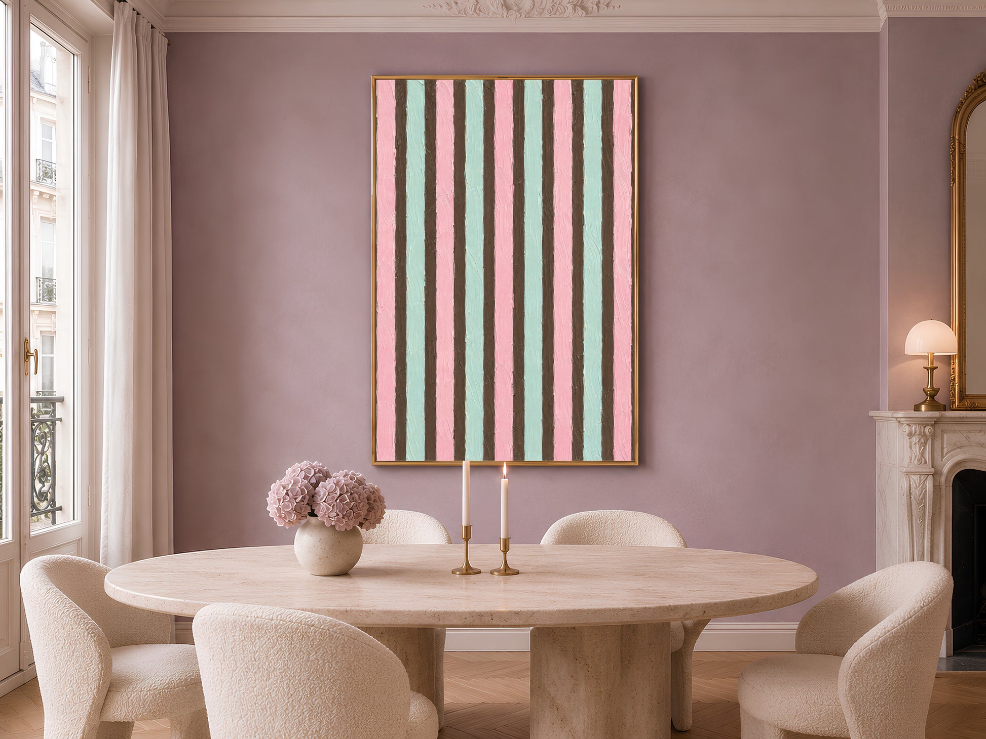 Pink mint candy stripe wall art in gold frame in elegant dining room with round table and chairs on mauve wall
