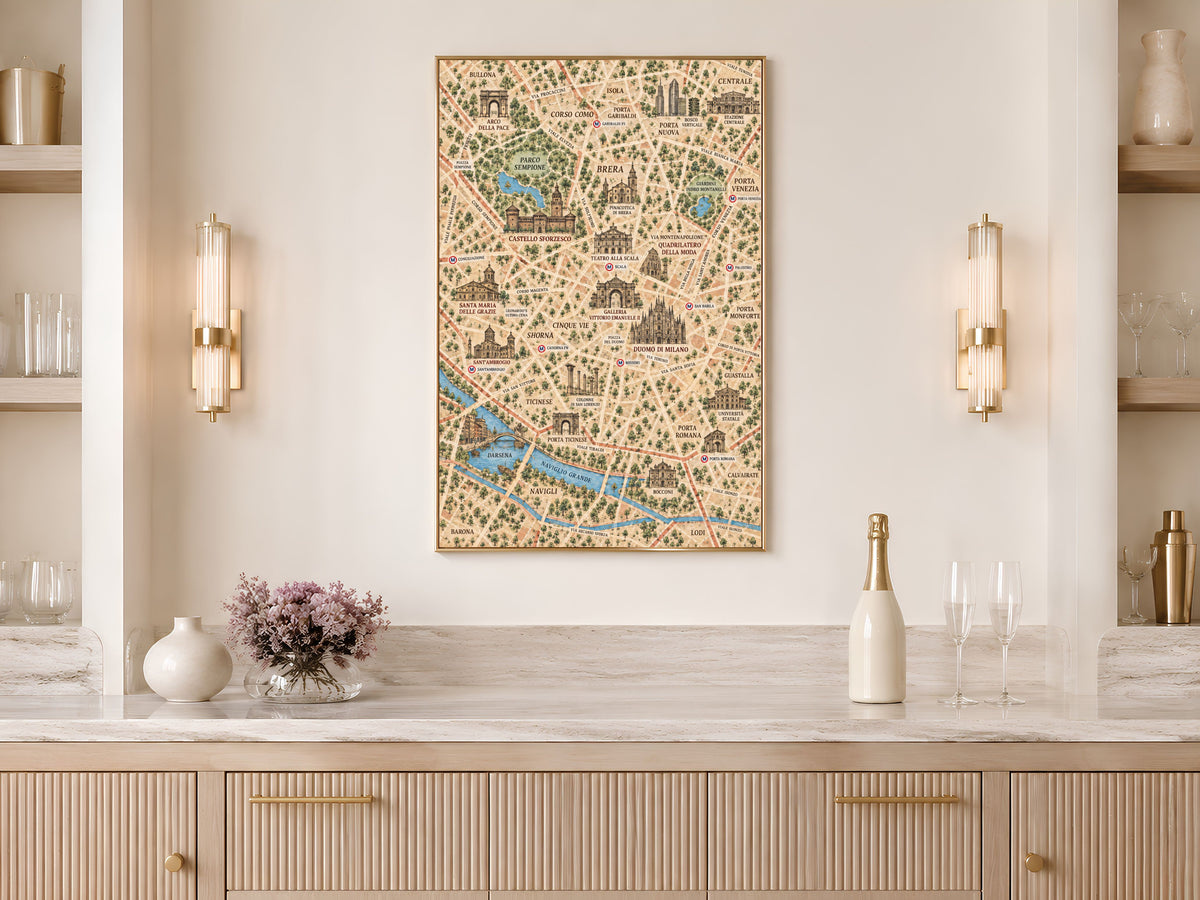 Milan Map Wall Art, Illustrated City Map Print - Digital Download