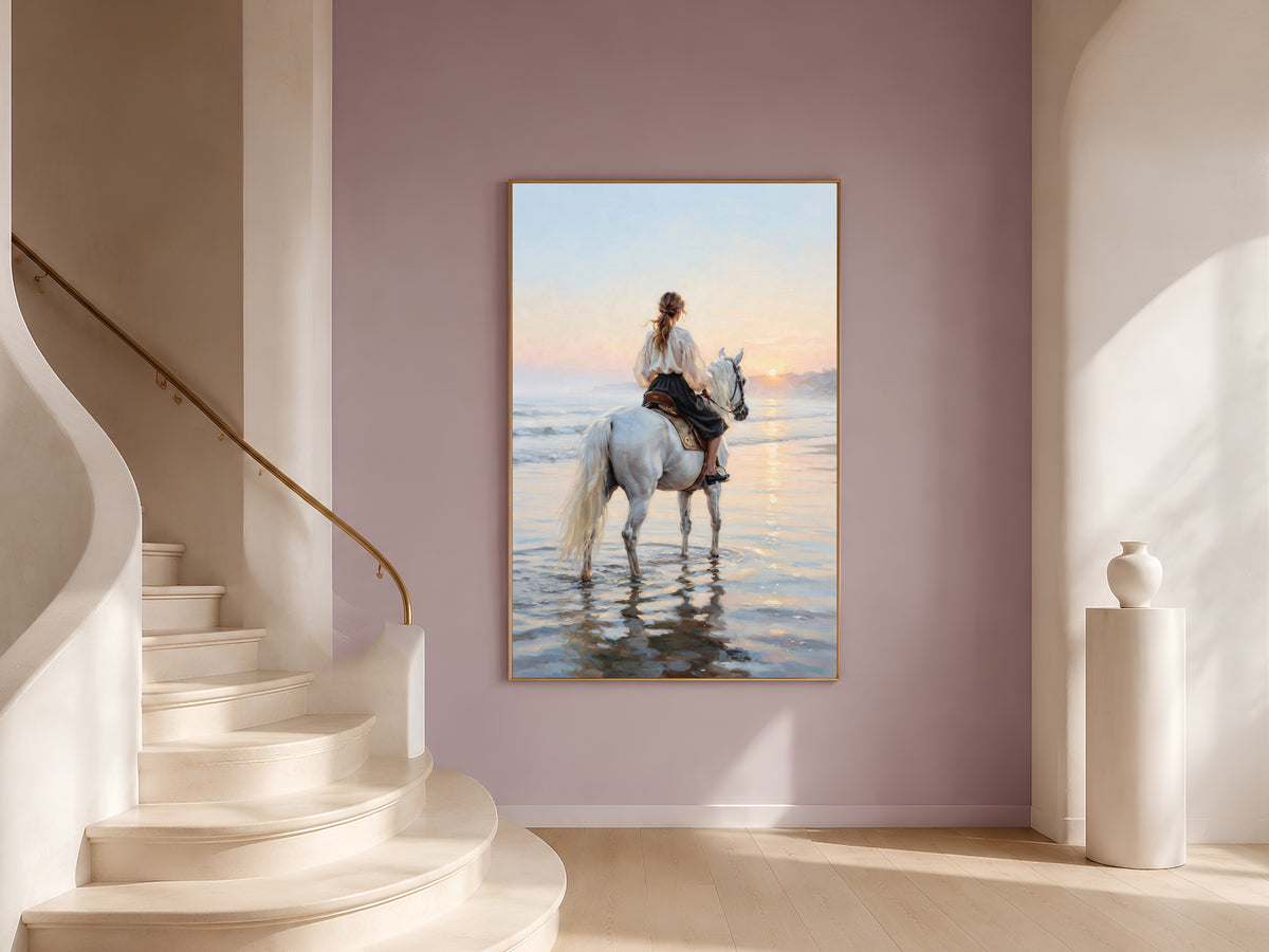 Woman on White Horse Wall Art, Beach Sunset Oil Painting Print - Digital Download