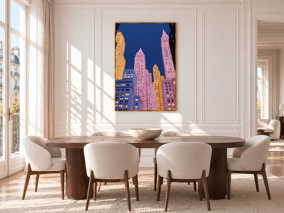 Pink City Skyline Wall Art Print, New York Inspired Art Deco Skyscrapers at Night, Pastel Pink and Navy Printable Decor, Digital Download