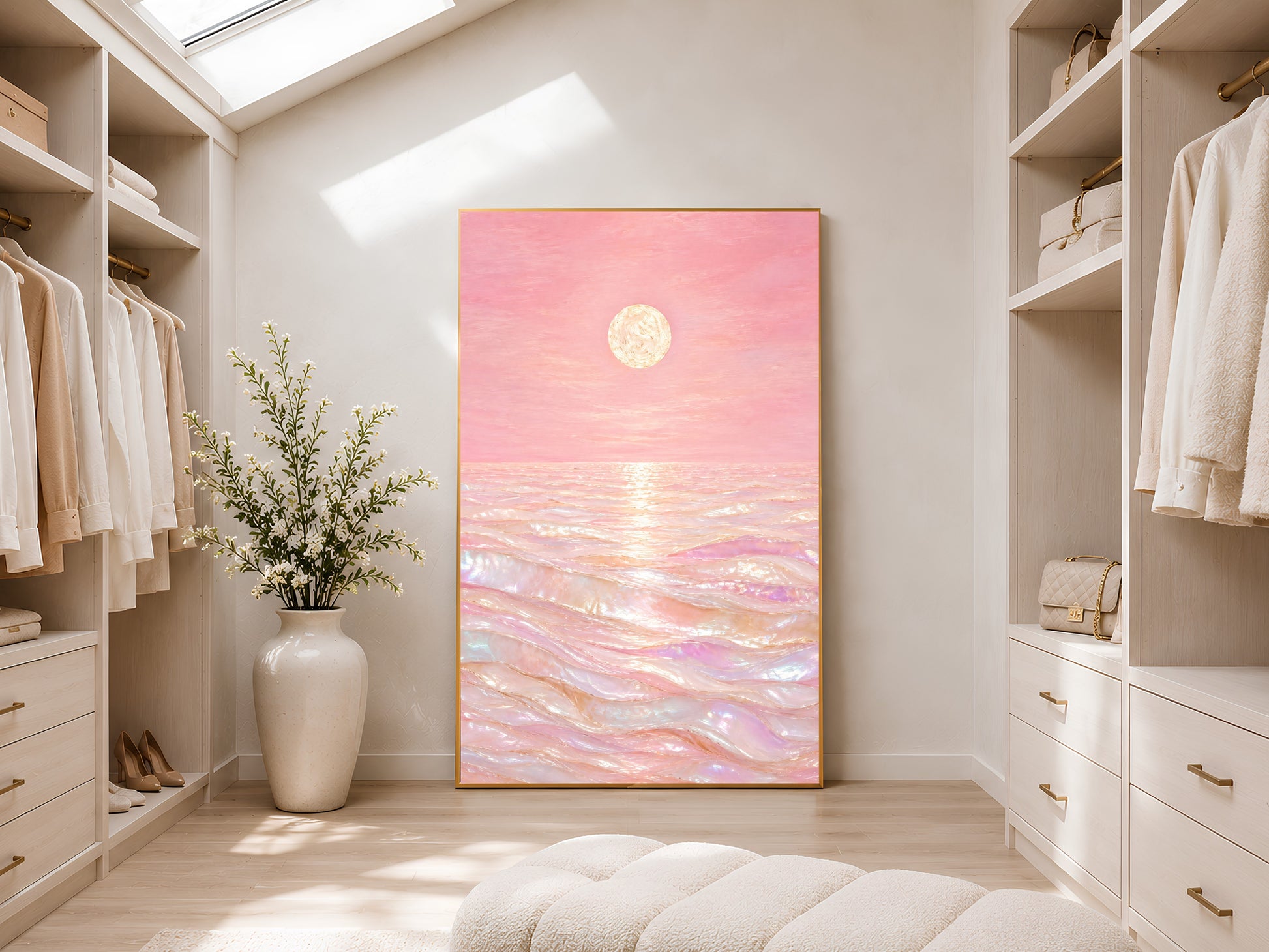 Pink capiz shell ocean wall art framed in walk-in closet with skylight
