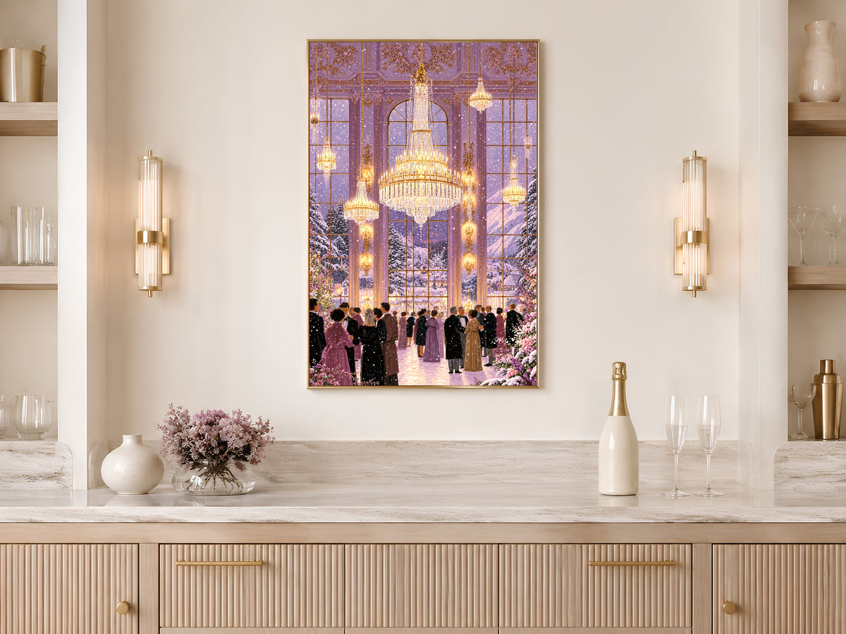 Winter Ballroom Wall Art, Lavender Chandelier Painting, Snowy Holiday Ball Print, Elegant Purple Decor, Printable Digital Download
