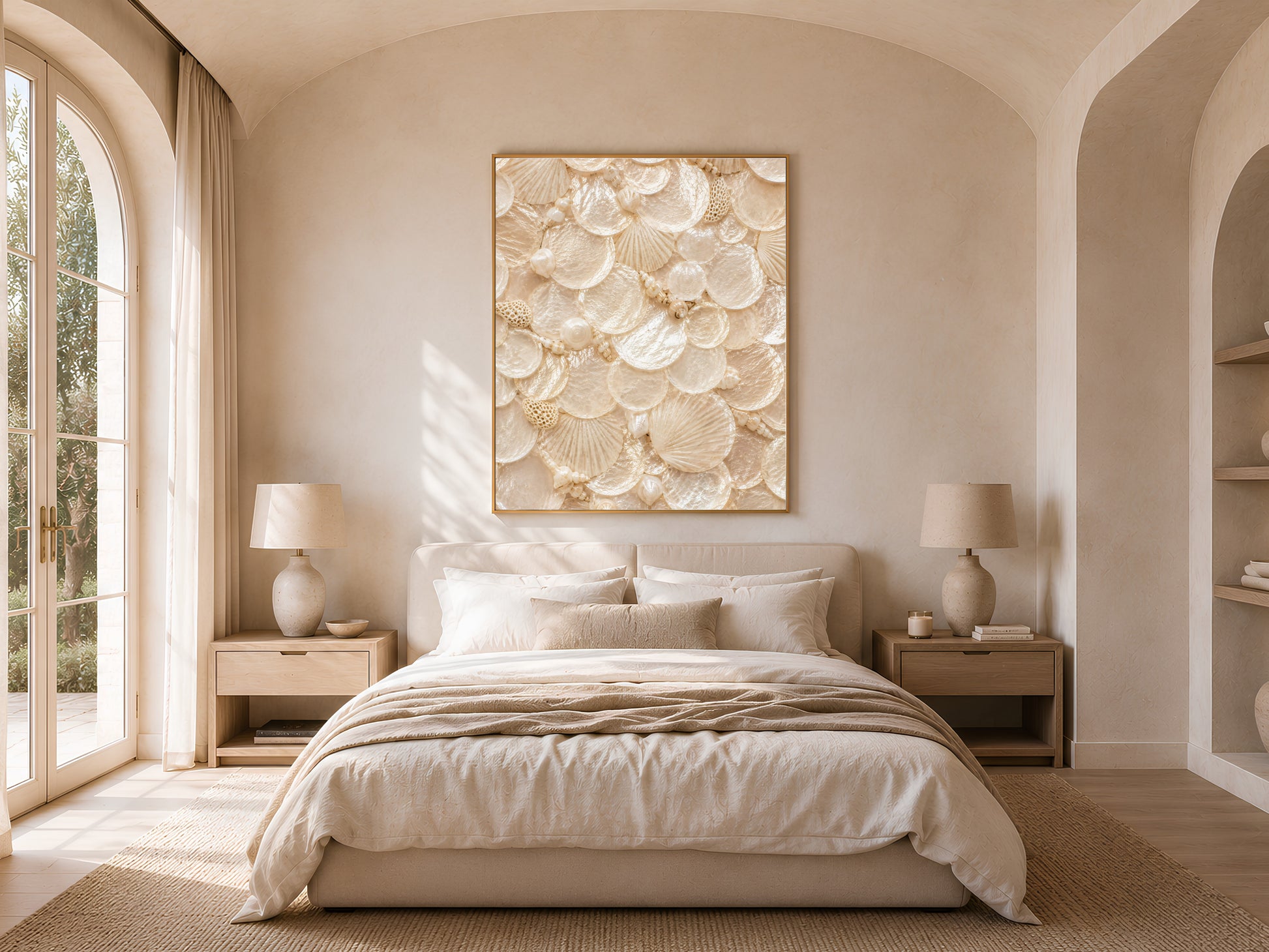 Warm coastal bedroom with an arched doorway, neutral linen bedding, and a framed nautilus shell print hanging above the headboard.