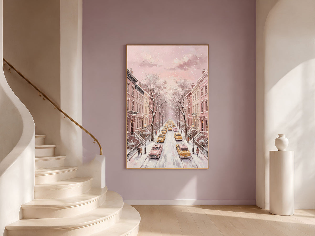 Pink NYC Taxi Wall Art, Snowy New York Street Print - Digital Download