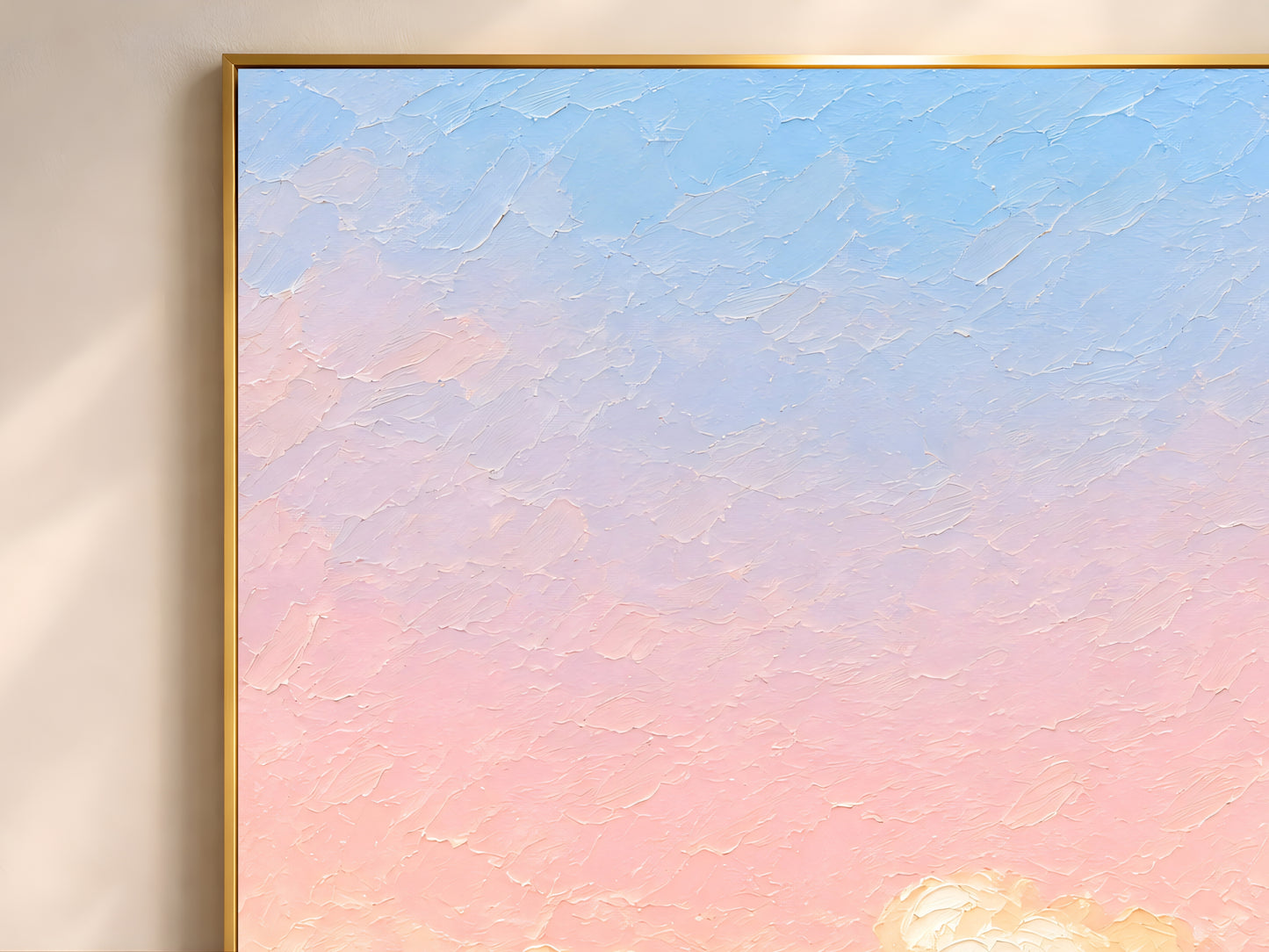 Close-up of impasto pastel sunset painting showing soft brushwork in blush pink, peach, and sky blue cloud texture
