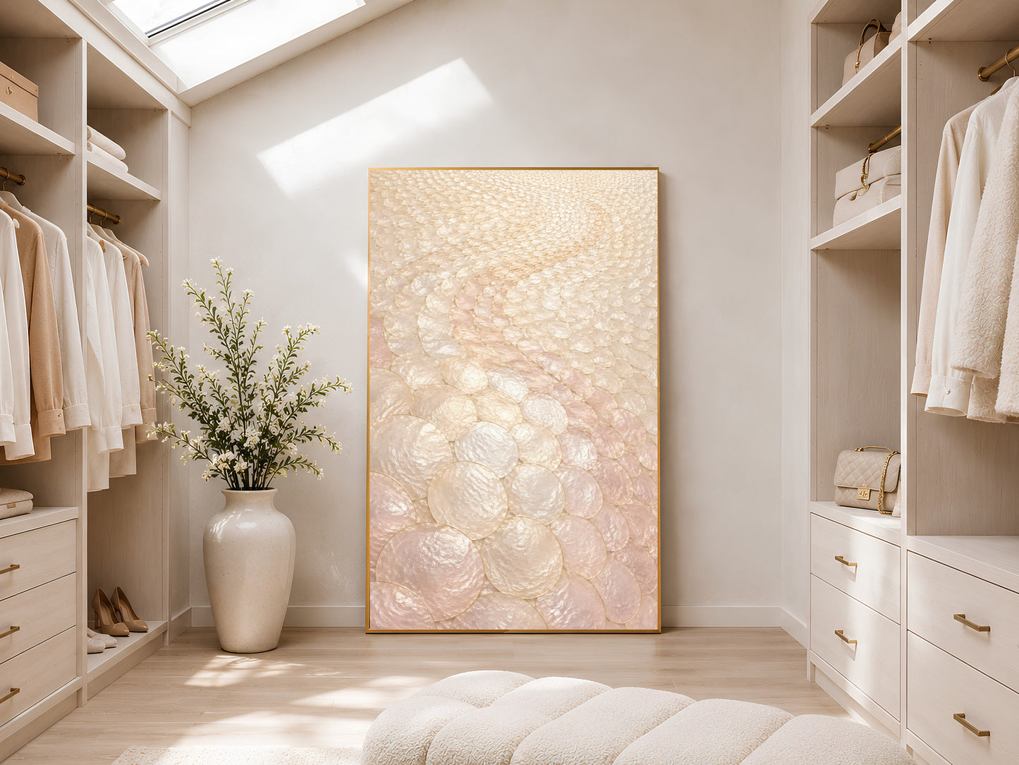 Blush capiz shell wall art framed in walk-in closet with skylight
