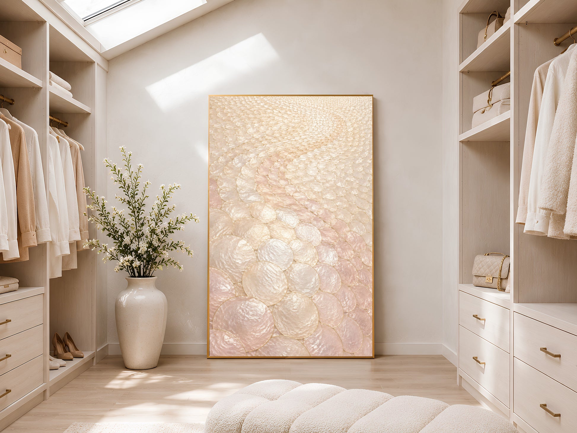 Blush capiz shell wall art framed in walk-in closet with skylight
