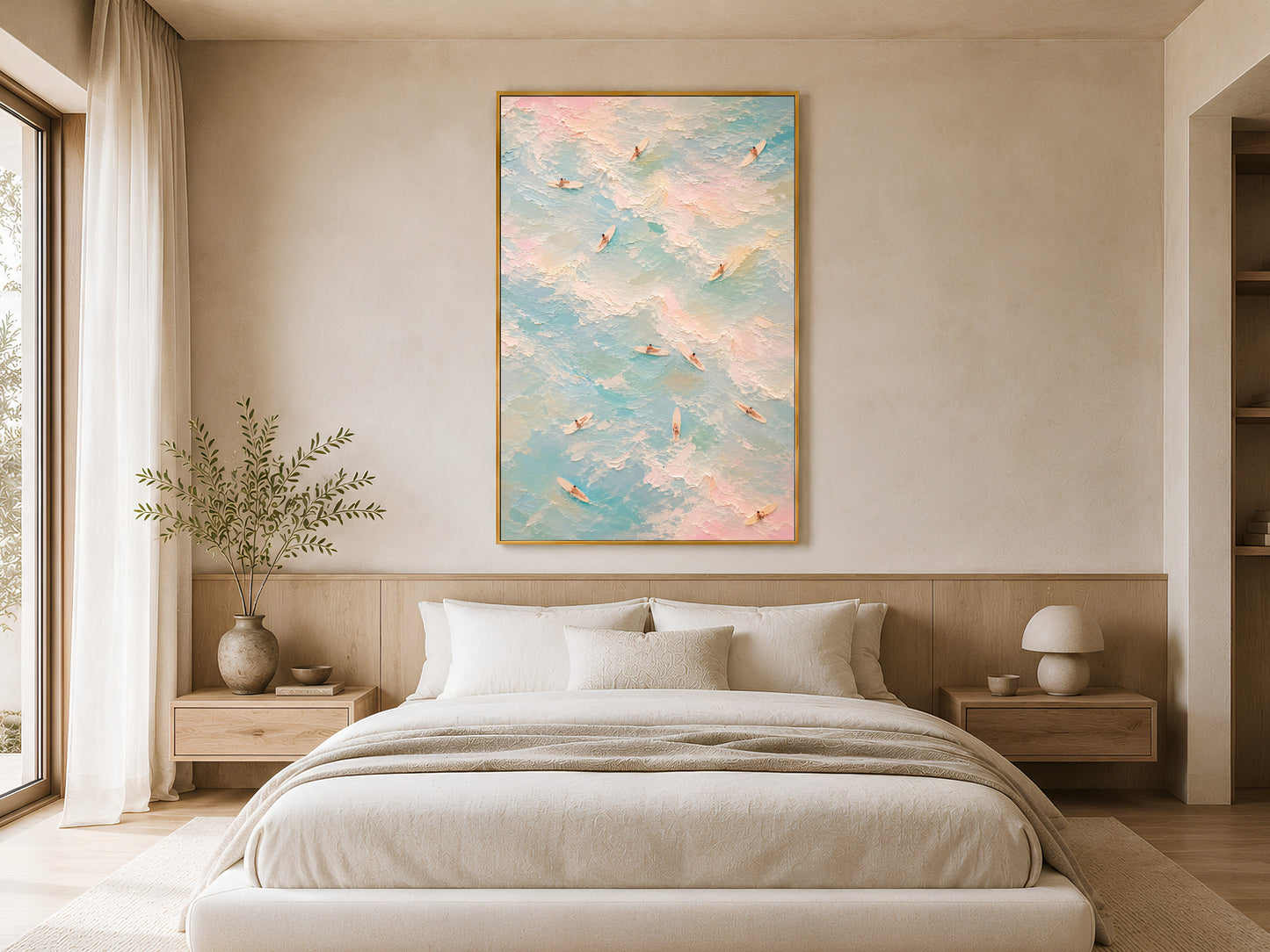 Aerial ocean surf print in gold frame hung above a linen bed in a soft neutral Scandinavian bedroom