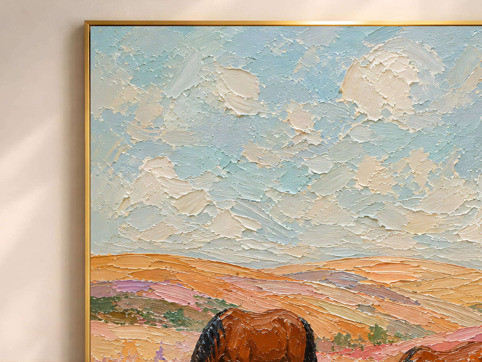 Close-up of the two horses in a floral field impasto oil painting print showing thick palette knife texture, chalky sky, rolling golden hills, and one chestnut horse grazing among pink and lavender wildflowers
