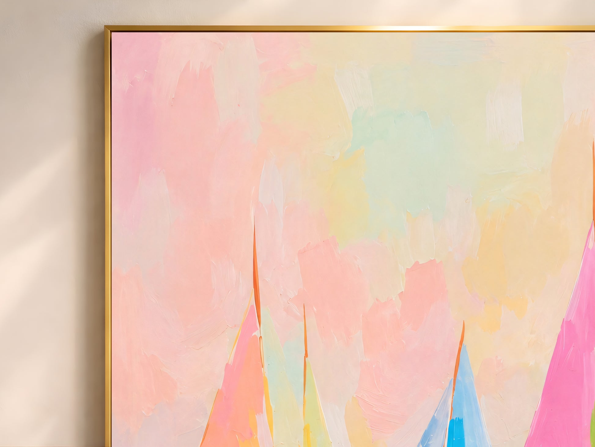 Close-up of impasto pastel sailboat painting showing multicolour sails in hot pink, lime green, sky blue, and yellow tones
