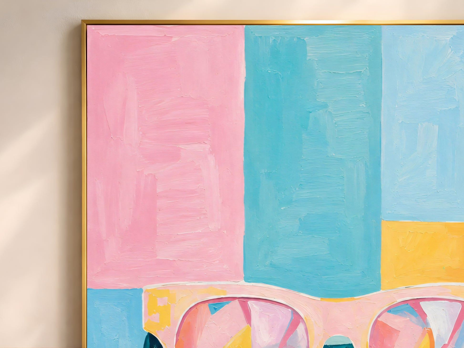 Close-up of impasto retro sunglasses painting showing blush pink frame on colour-block background of pink, teal, yellow, and green
