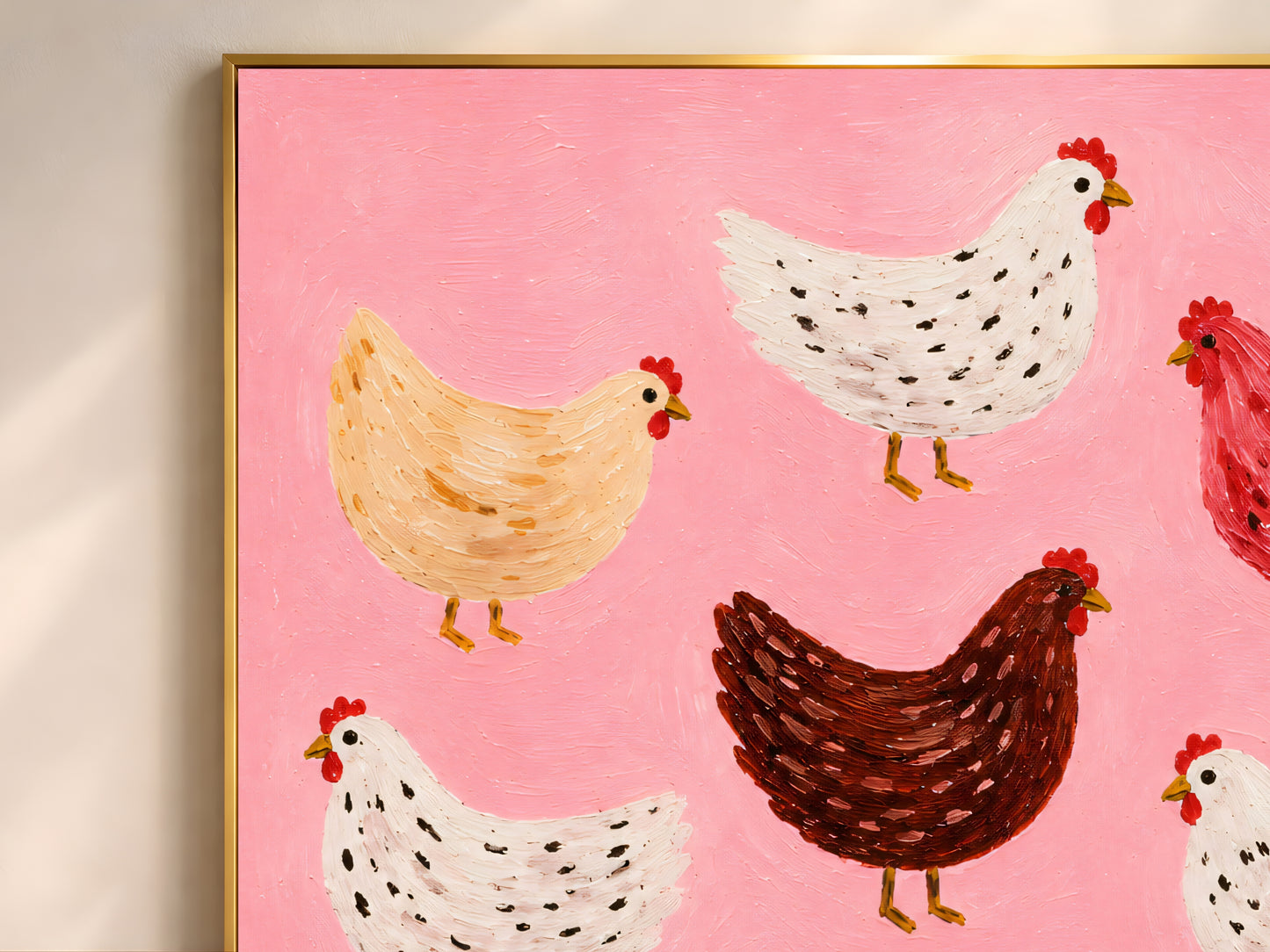 Close-up of impasto flock of chickens painting showing white, golden tan, and chestnut brown hens with raised brushwork texture
