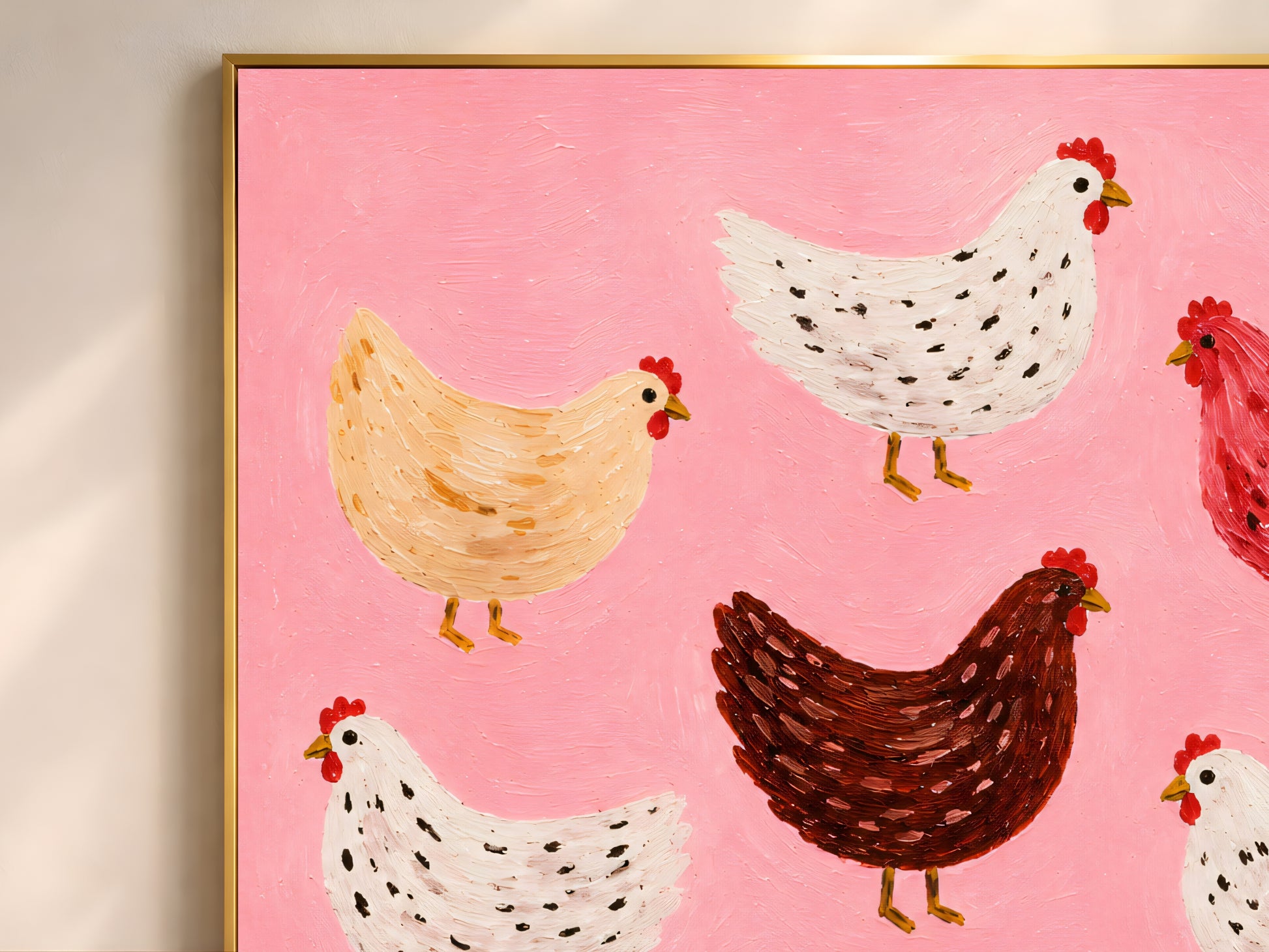 Close-up of impasto flock of chickens painting showing white, golden tan, and chestnut brown hens with raised brushwork texture
