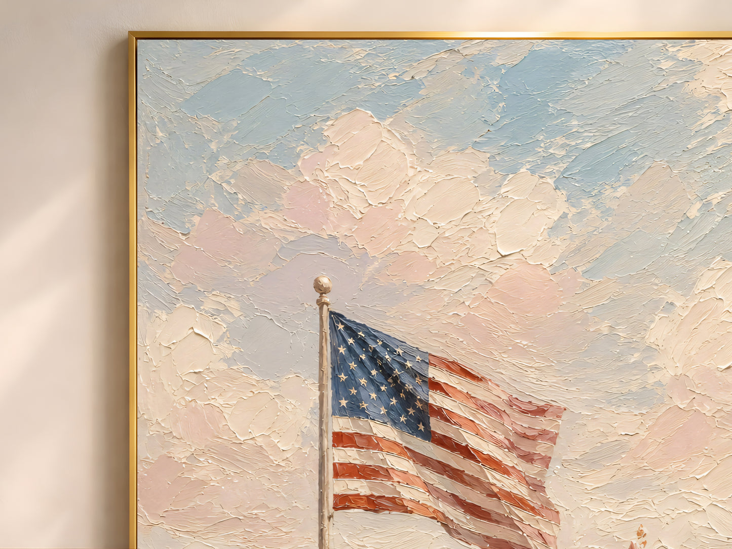 Close-up of the American flag wildflower field impasto oil painting showing thick palette knife texture, faded red and soft navy flag catching the breeze over a pink wildflower meadow and chalky pastel sky
