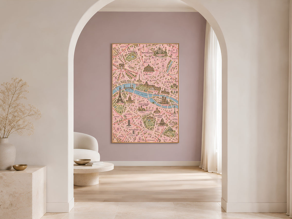 Paris Map Wall Art, Illustrated City Map Print - Digital Download