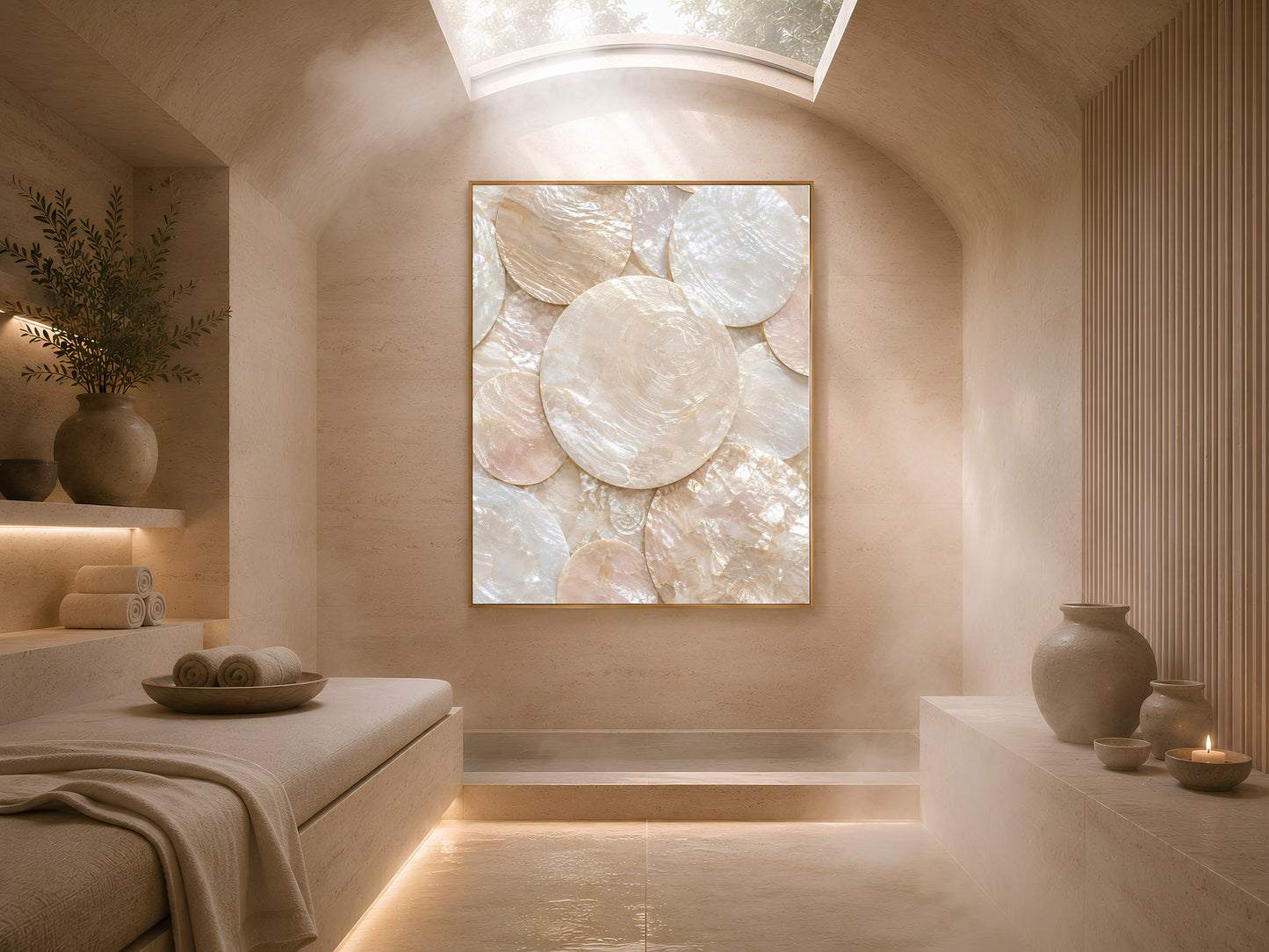 Framed capiz shell mosaic print glowing above a bed in a sunlit spa-style bedroom nook
