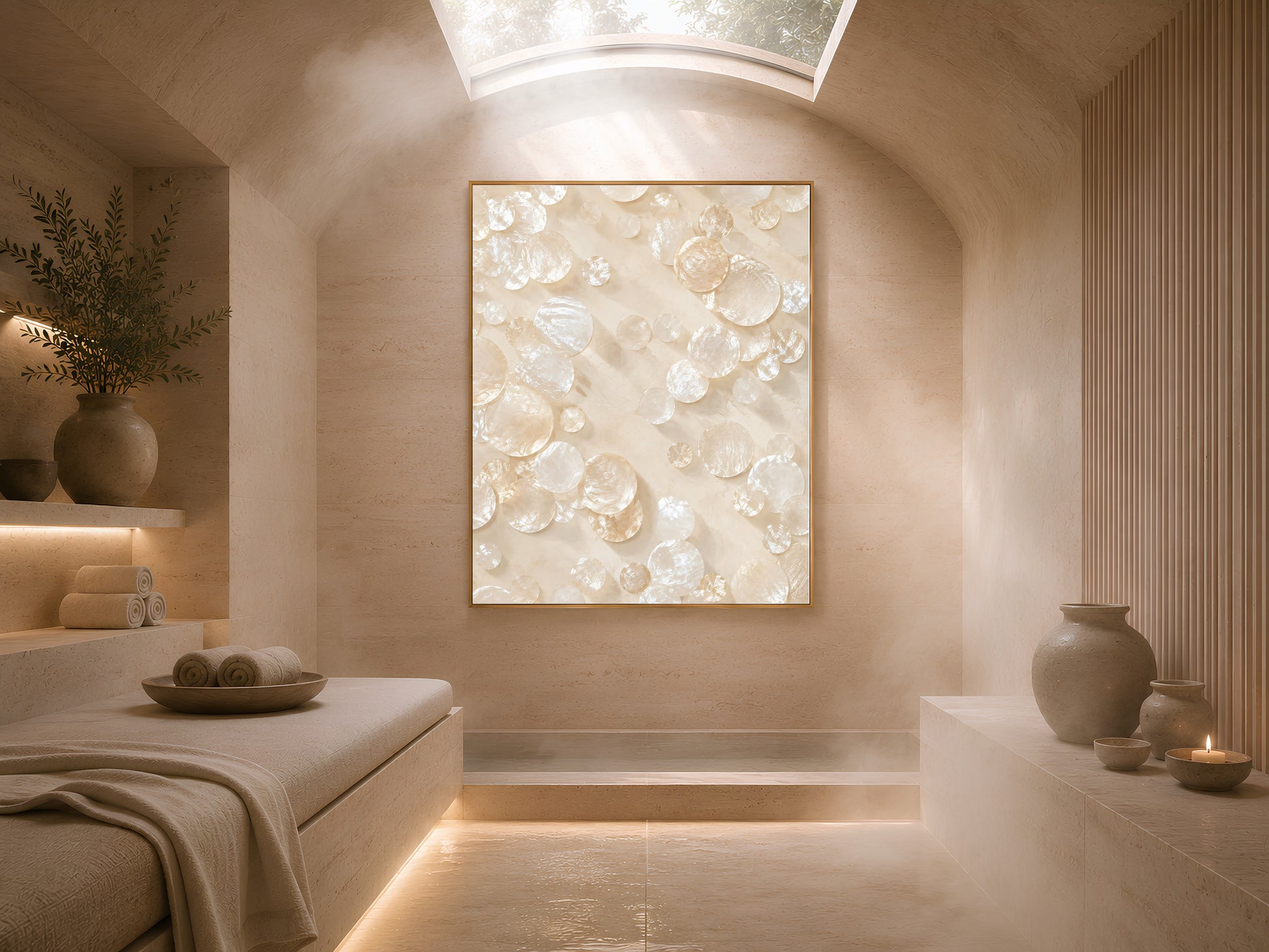Framed mother-of-pearl mosaic print in a cozy bedroom nook with soft natural light

