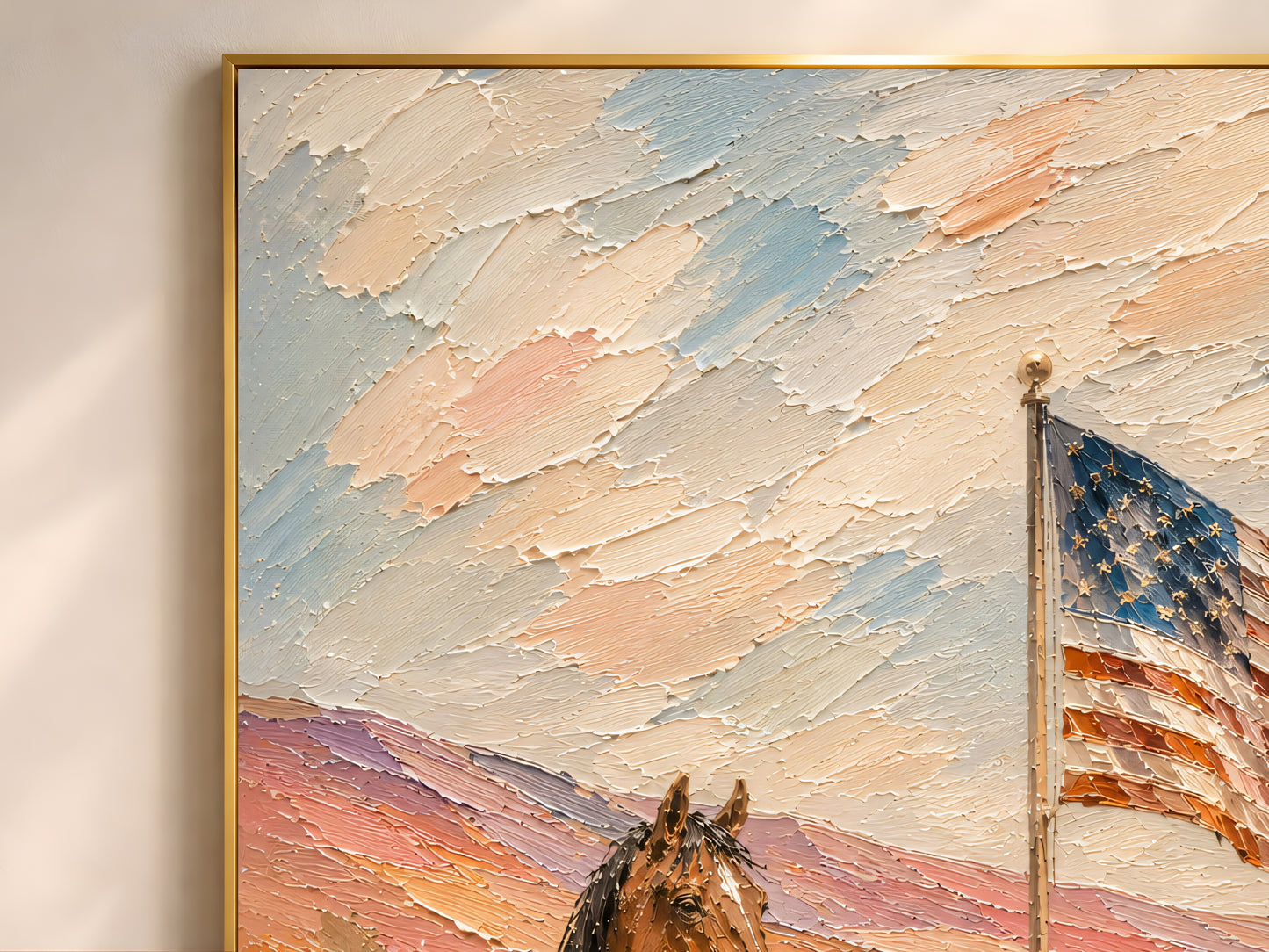 Close-up of the western patriotic horse and American flag impasto oil painting showing thick palette knife texture, chestnut horse in the foreground, terracotta and lavender rolling hills, and the American flag unfurling above

