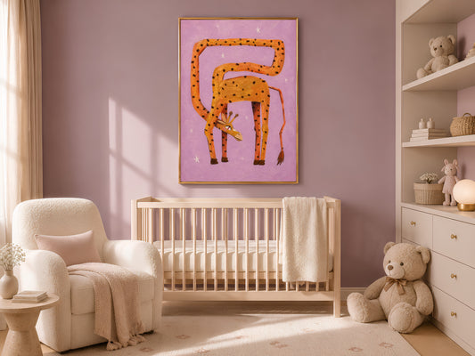 Framed whimsical giraffe print on a soft lilac wall in a neutral nursery with a white crib, armchair, and plush teddy bear
