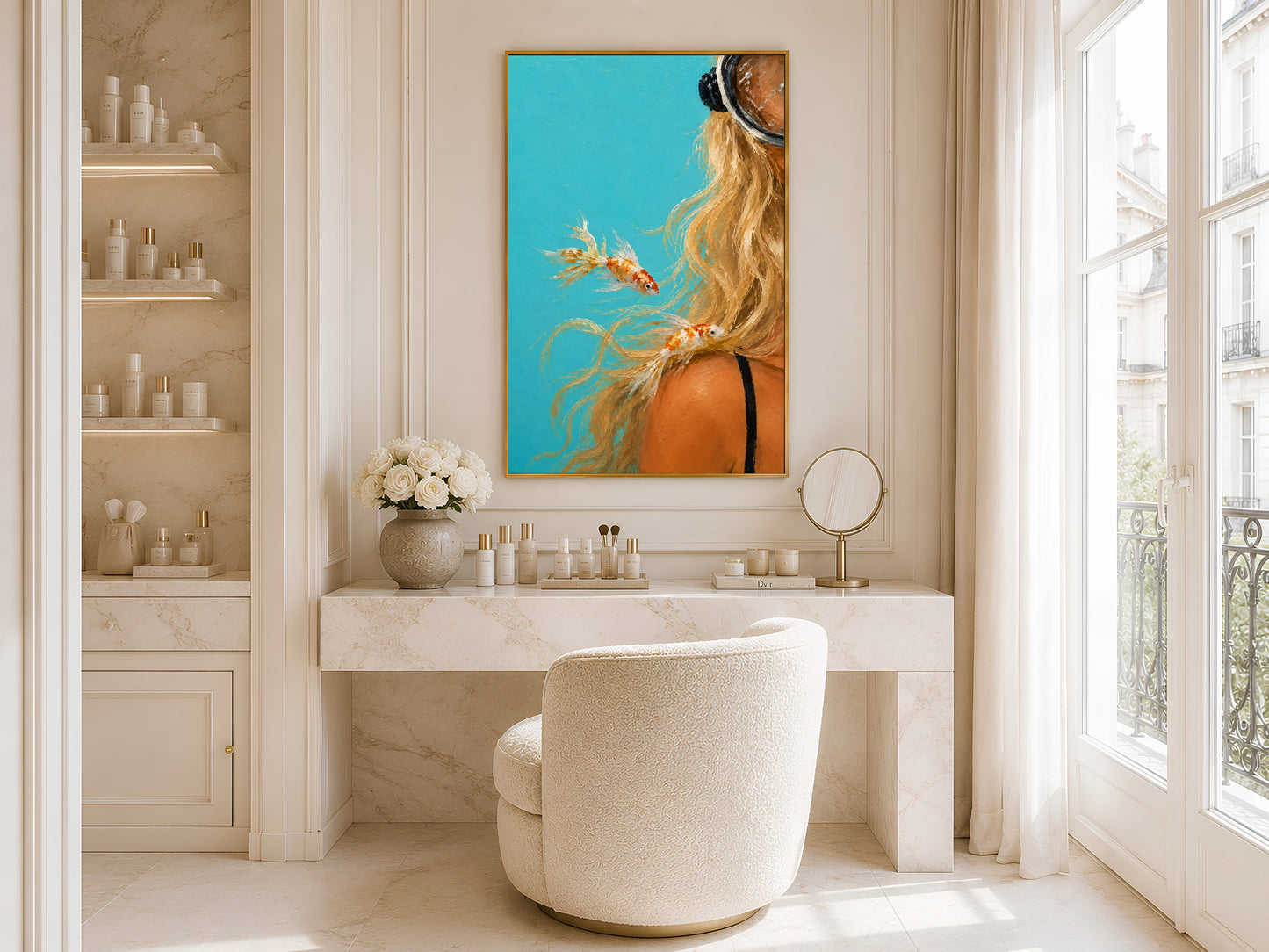 Scuba diver figurative wall art in gold frame above a marble bathroom vanity in a bright minimal neutral bathroom