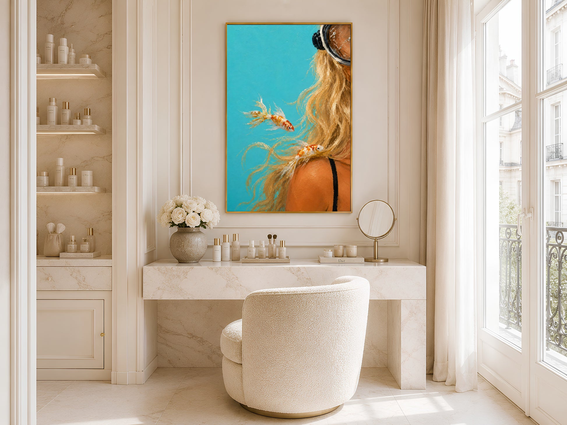 Scuba diver figurative wall art in gold frame above a marble bathroom vanity in a bright minimal neutral bathroom