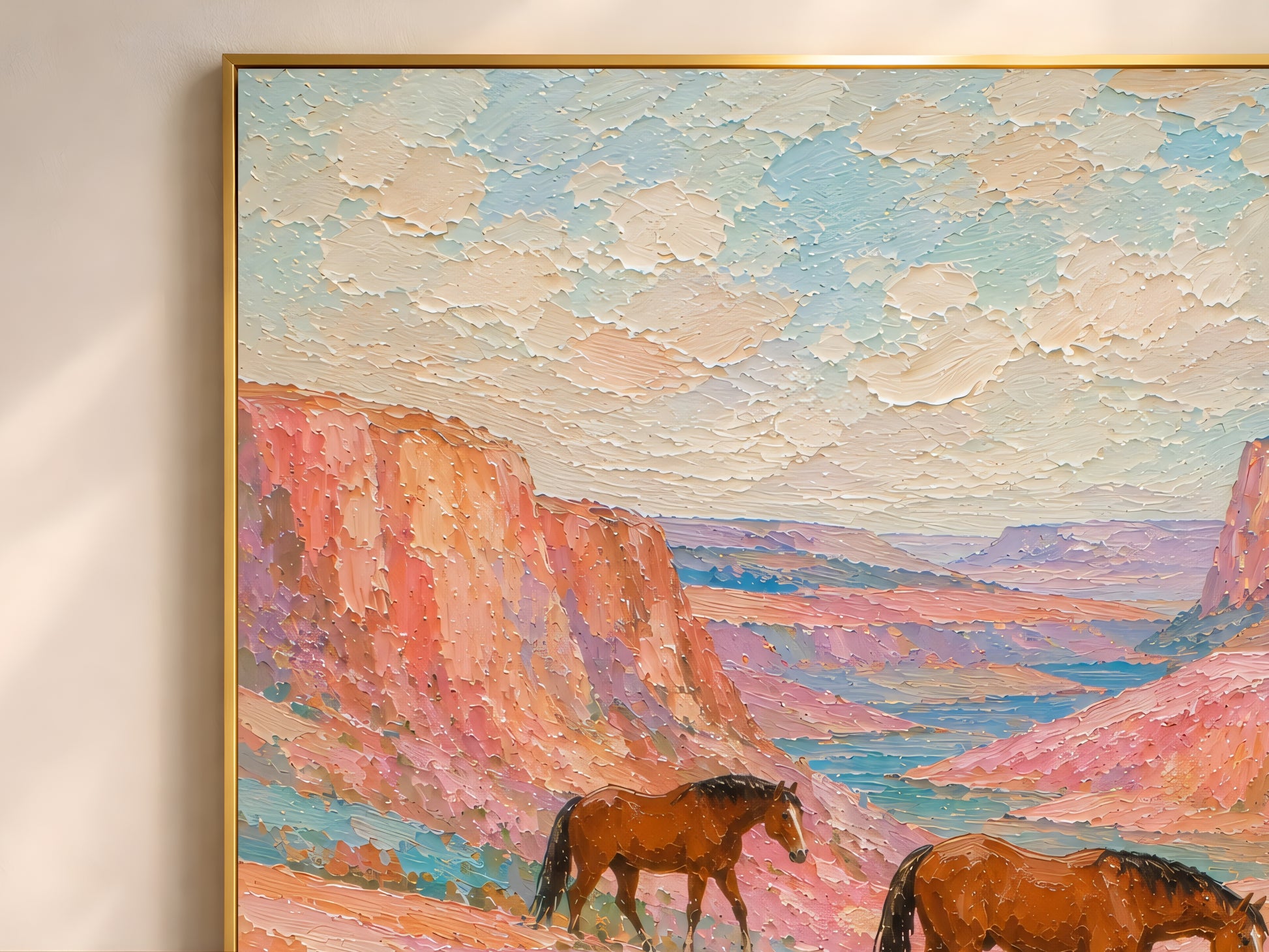 Close-up of the two chestnut horses in a wildflower canyon impasto oil painting showing thick palette knife texture, terracotta and blush canyon walls rising on either side, and turquoise river winding through the valley below
