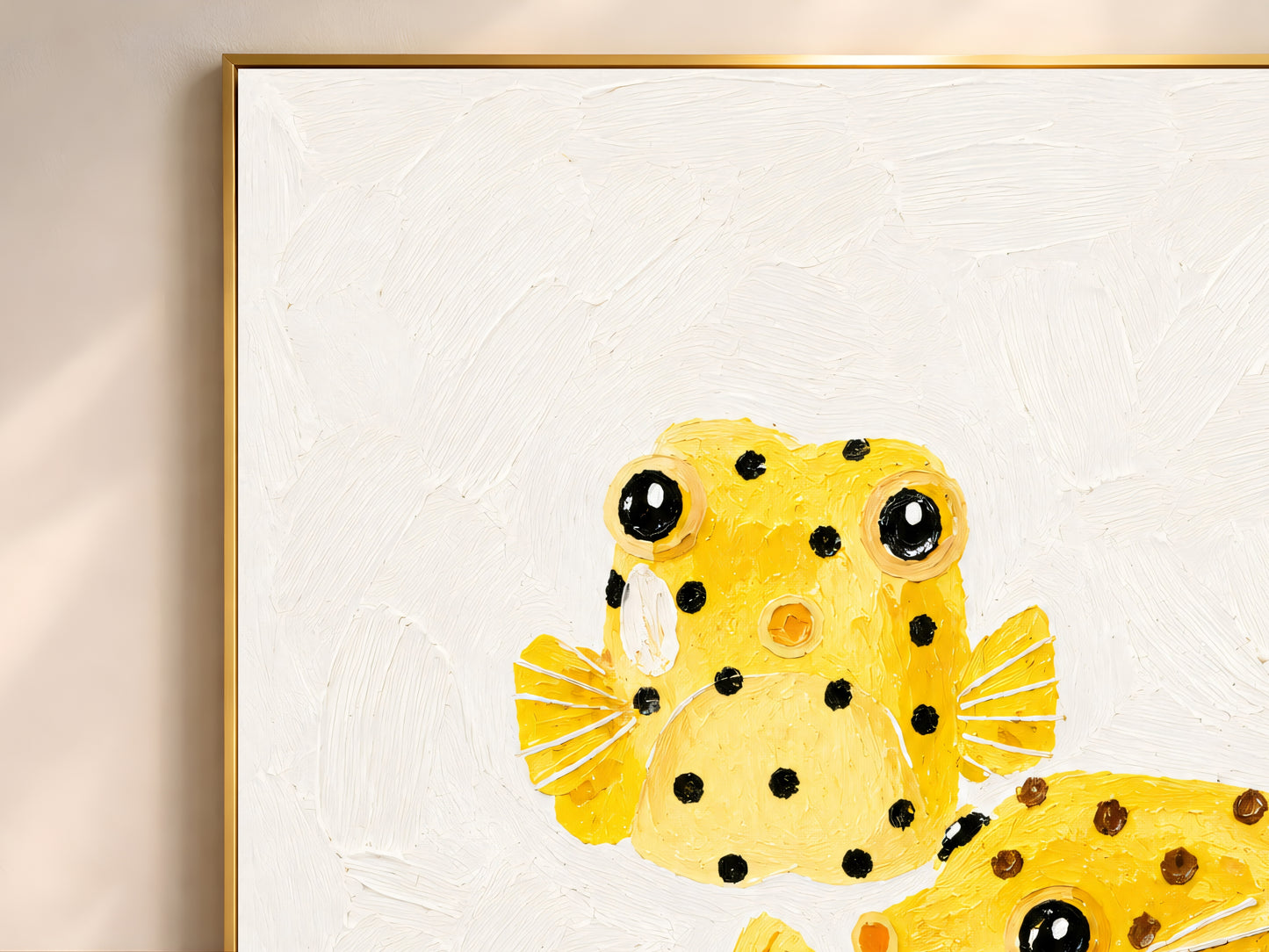 Close-up of impasto yellow boxfish painting showing thick raised polka-dot texture in black, white, and yellow brushwork
