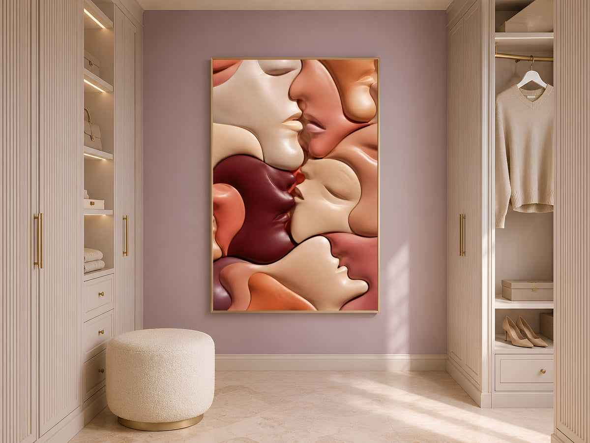Abstract Kissing Faces Wall Art, Warm Terracotta Couple Print - Digital Download