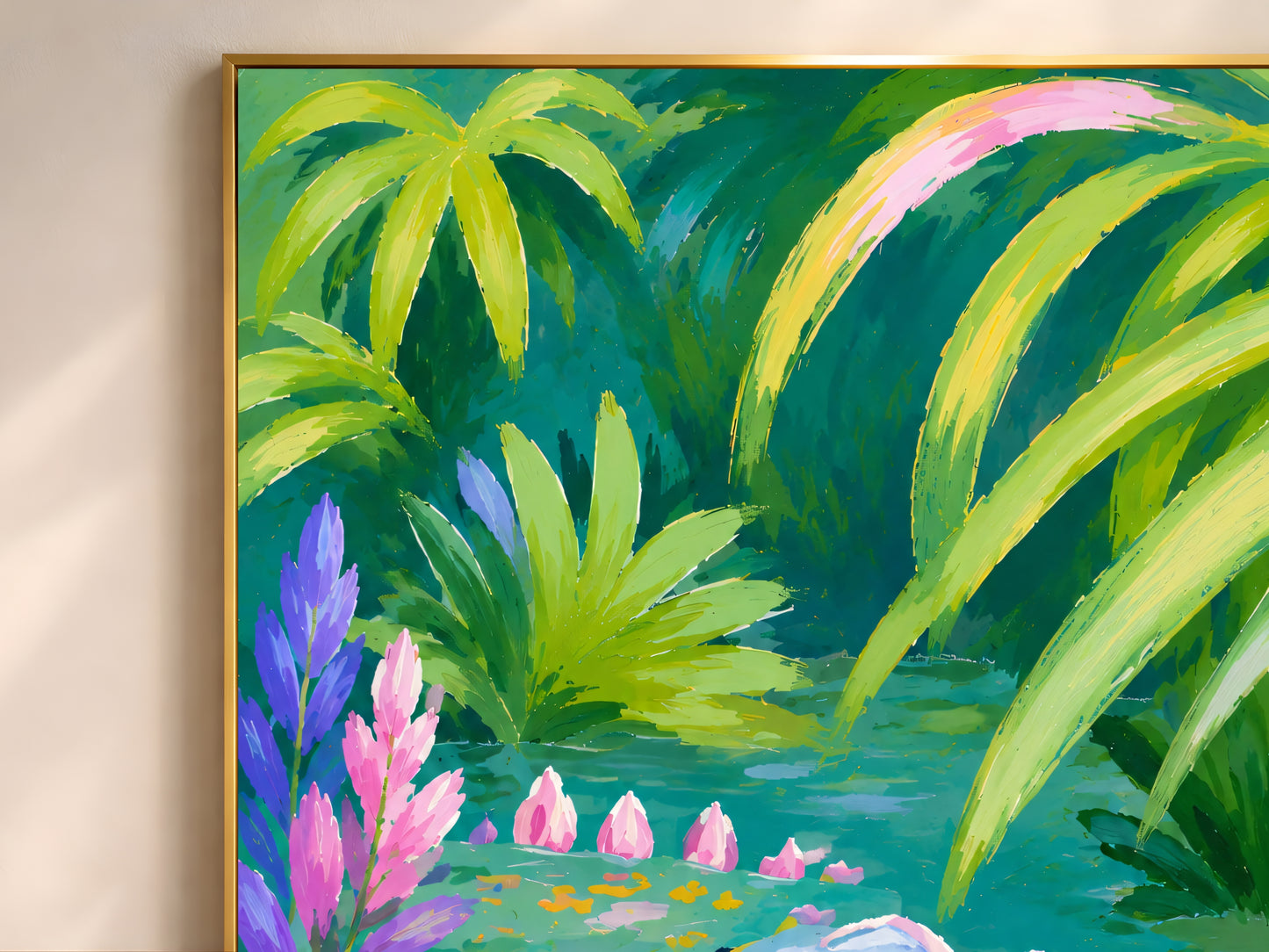 Close-up of the colorful alligator tropical jungle print showing the full painting with teal water, lush green palms, pink and purple blooms, and the alligator emerging from the water
