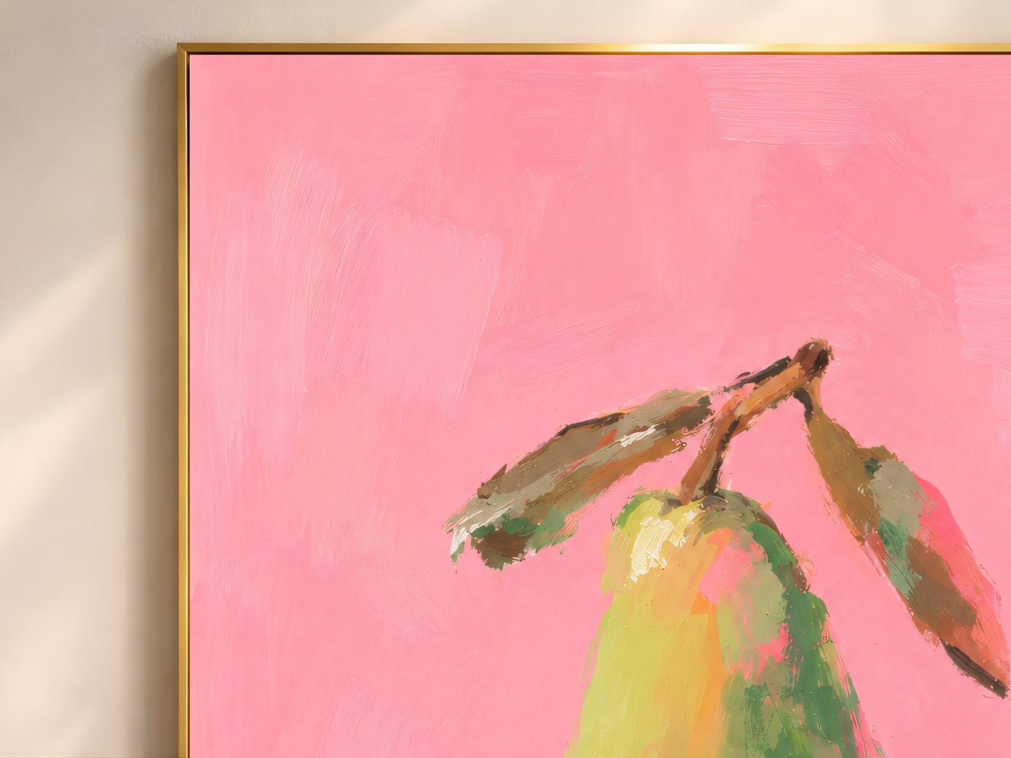 Close-up of impasto green pear painting showing chartreuse and sage brushwork with painted leaves against hot pink background
