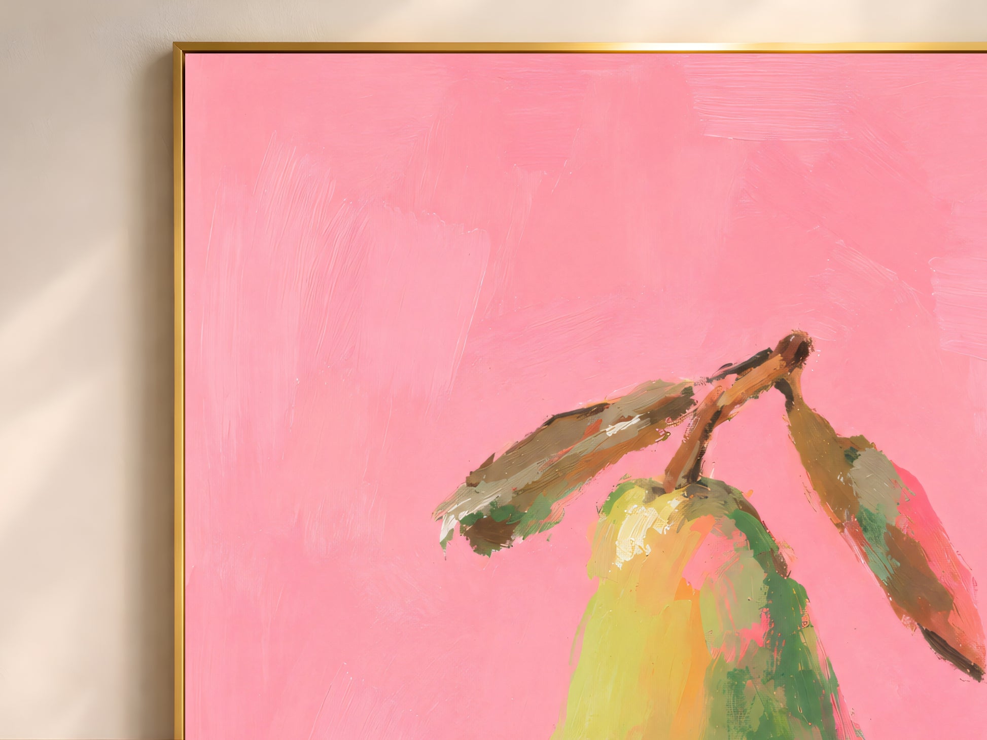 Close-up of impasto green pear painting showing chartreuse and sage brushwork with painted leaves against hot pink background
