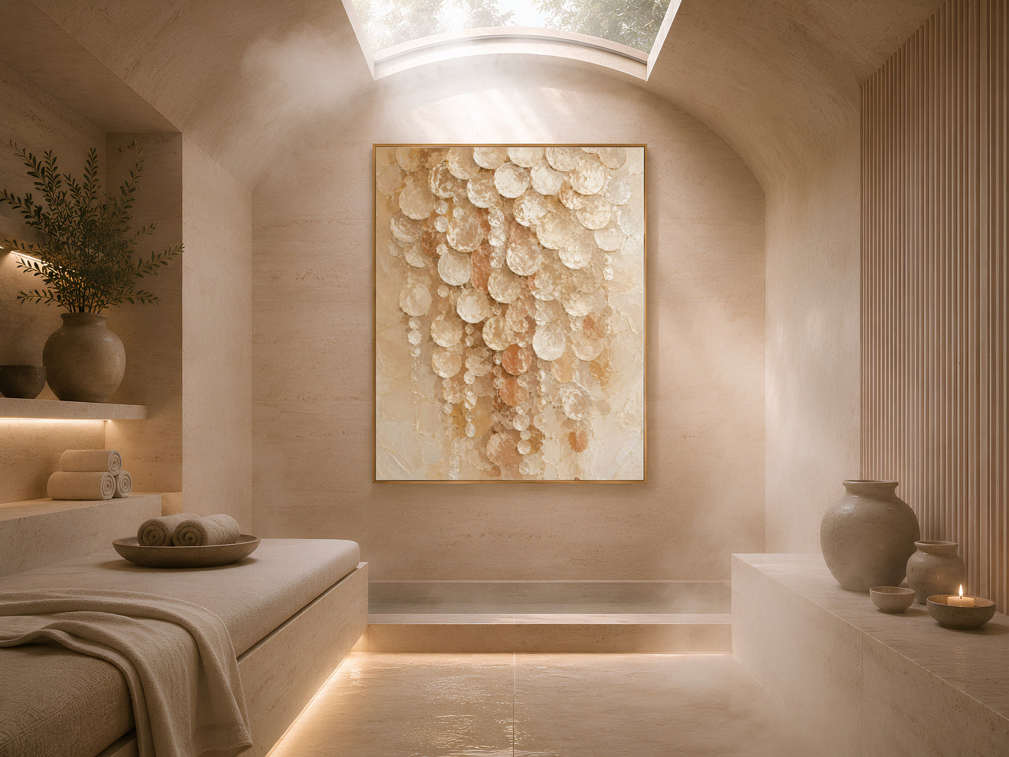 Cream capiz shell wall art in warm spa nook with candles and vase
