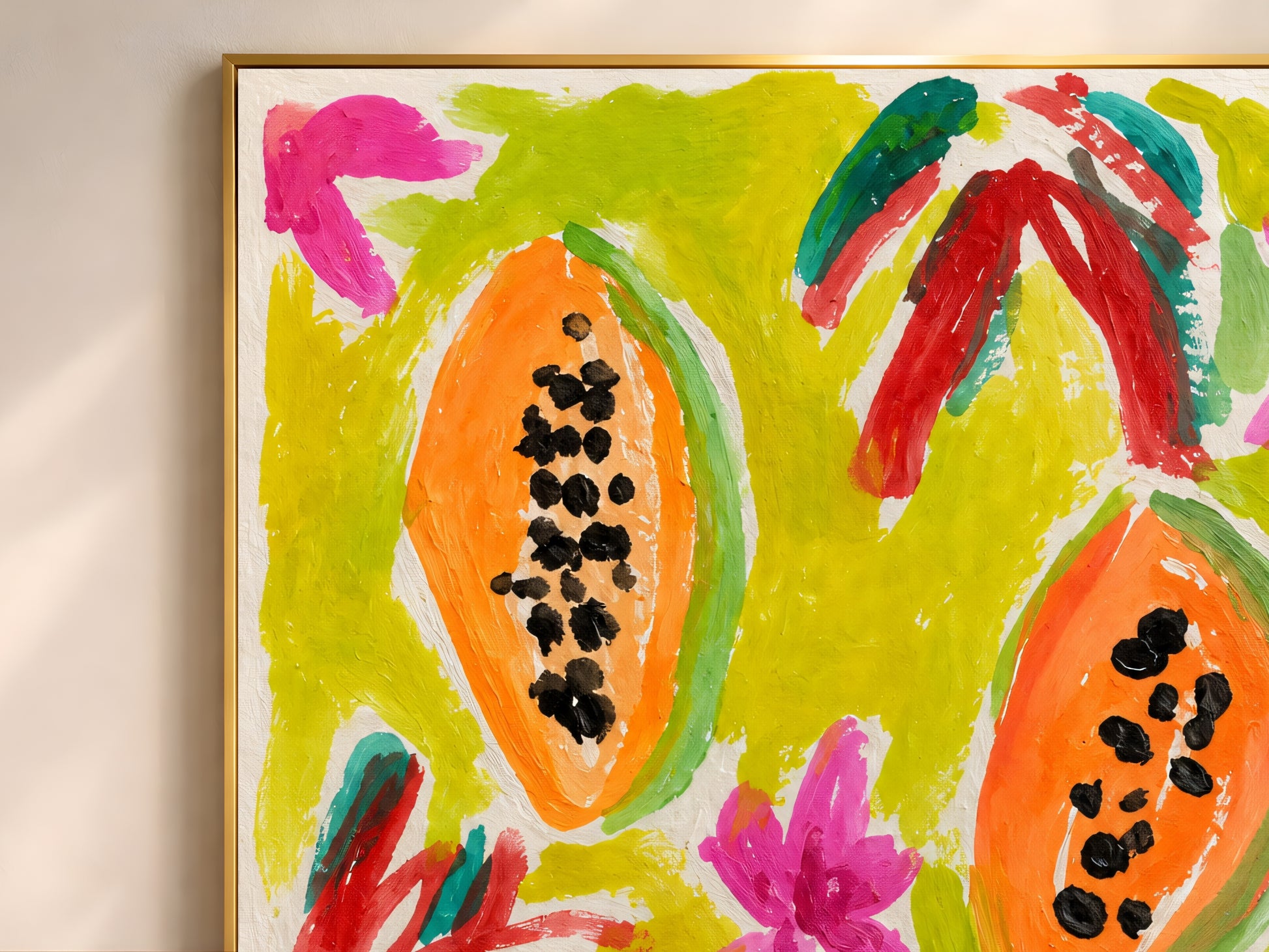 Close-up of the colorful papaya wall art print showing bold orange papaya halves with black seeds against a chartreuse yellow-green background with hot pink flowers and red botanical marks
