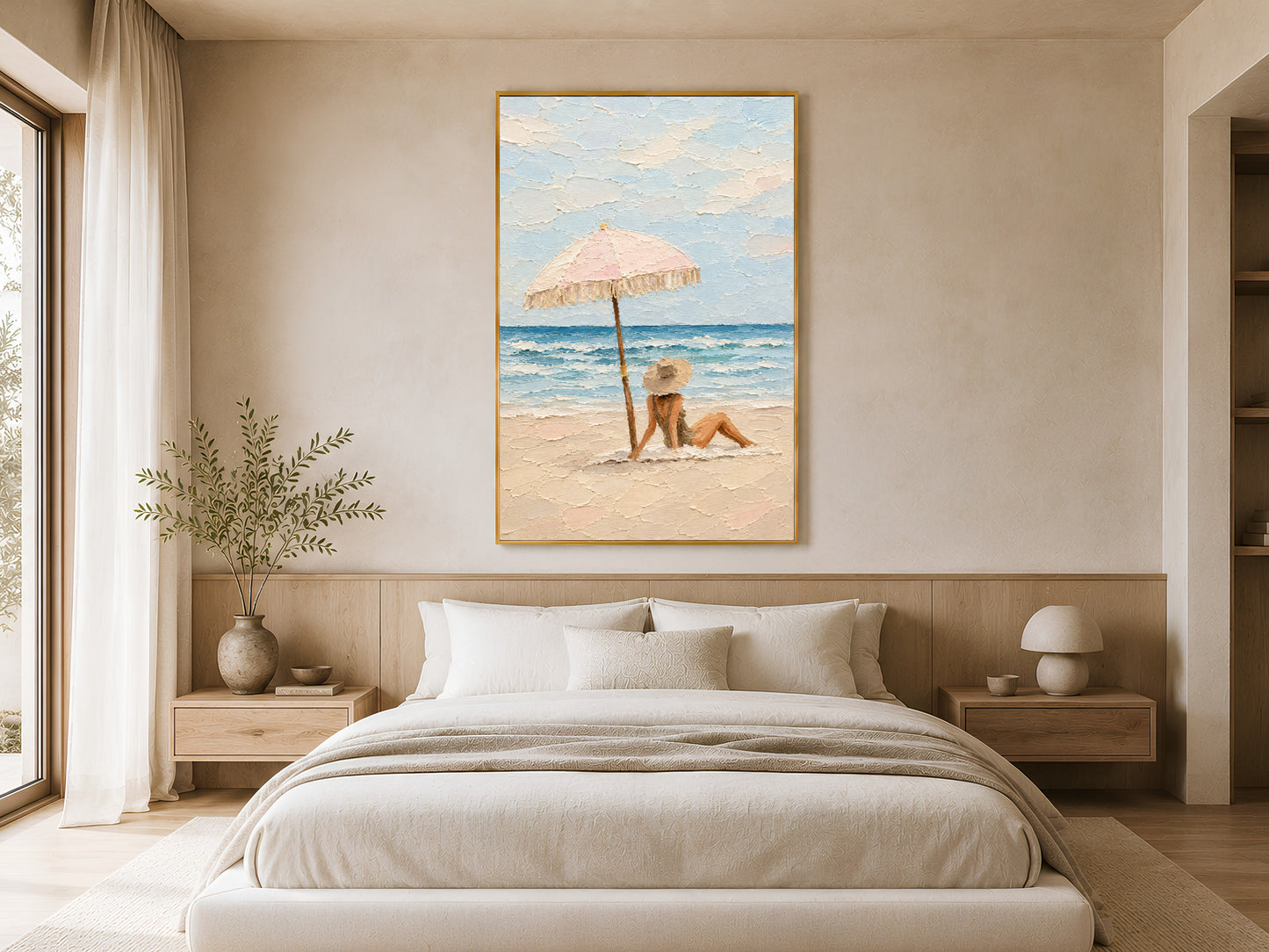 Framed beach scene impasto print hung above a white linen bed in a soft neutral bedroom with warm lighting and minimal decor

