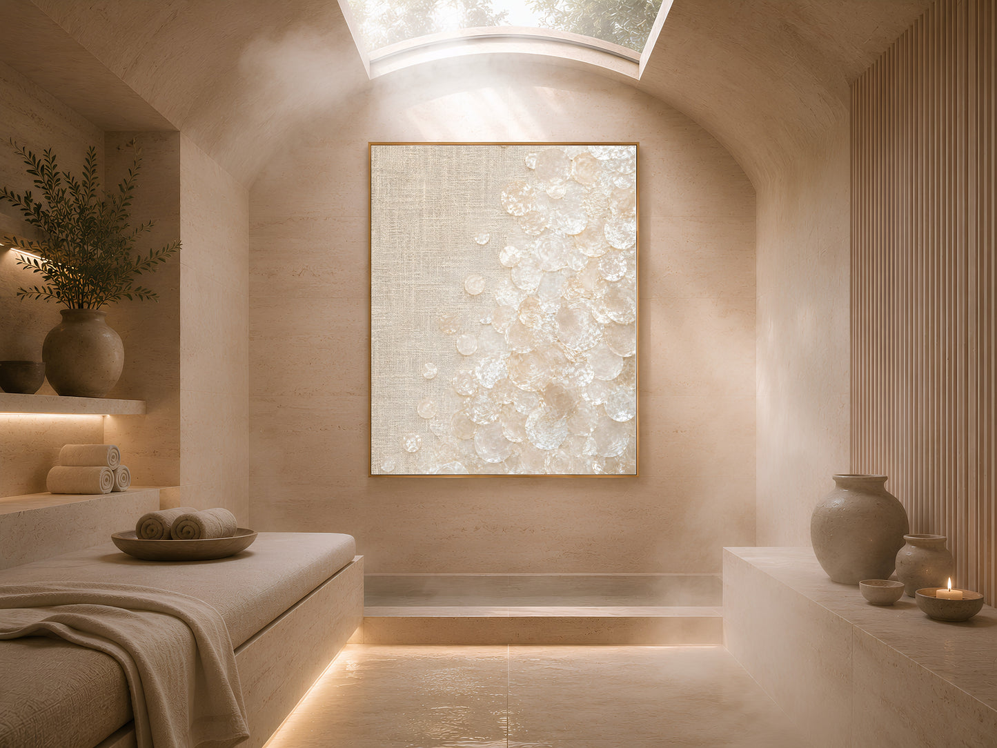 Framed capiz shell linen texture print above a bench in a warm spa-style nook
