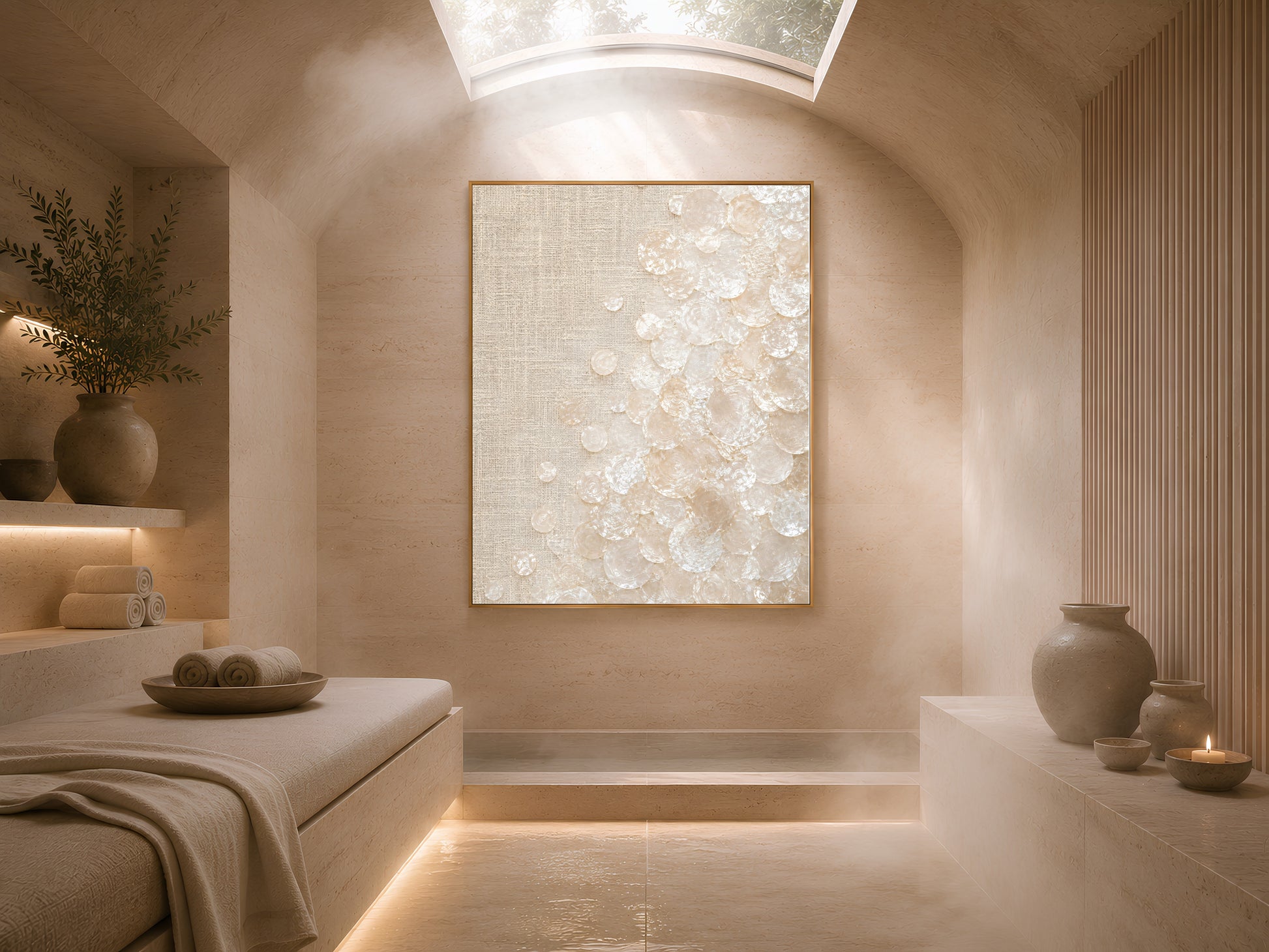 Framed capiz shell linen texture print above a bench in a warm spa-style nook
