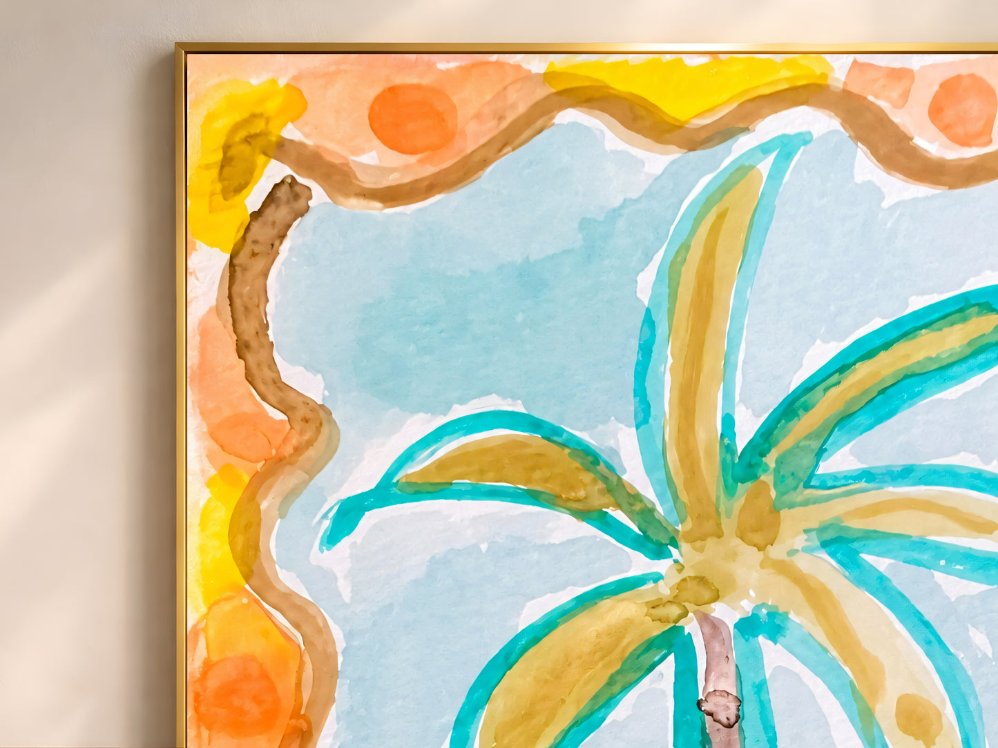 Close-up of the retro palm tree print showing the full watercolor illustration with teal palm fronds, golden yellow accents, sky blue wash background, and wavy orange decorative border
