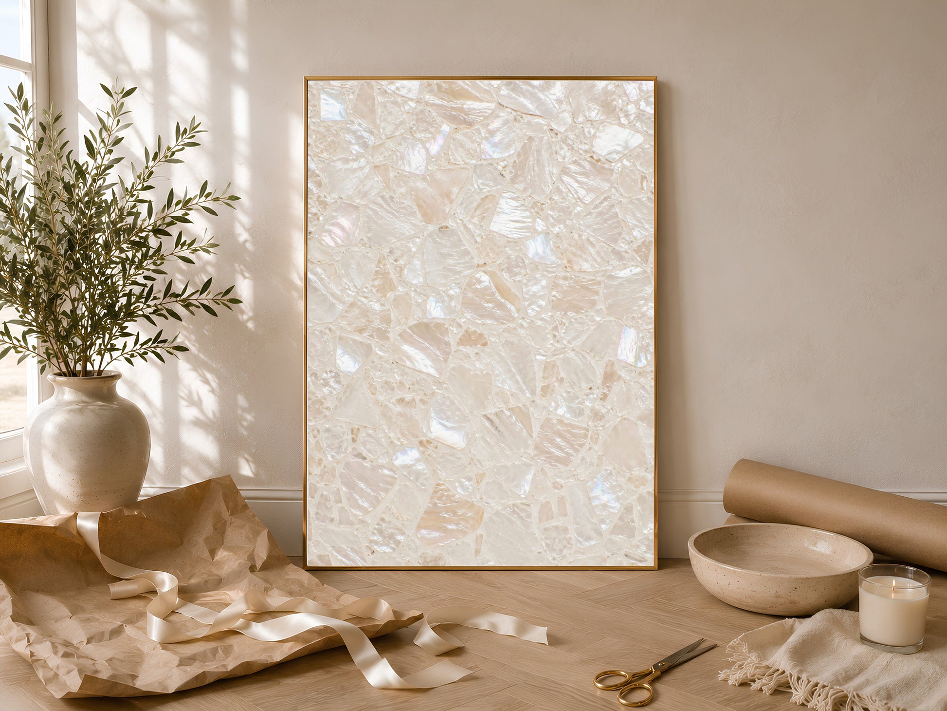 Sunlit tablescape with a framed terrazzo print, a ceramic vase, olive branches, and woven styling props.