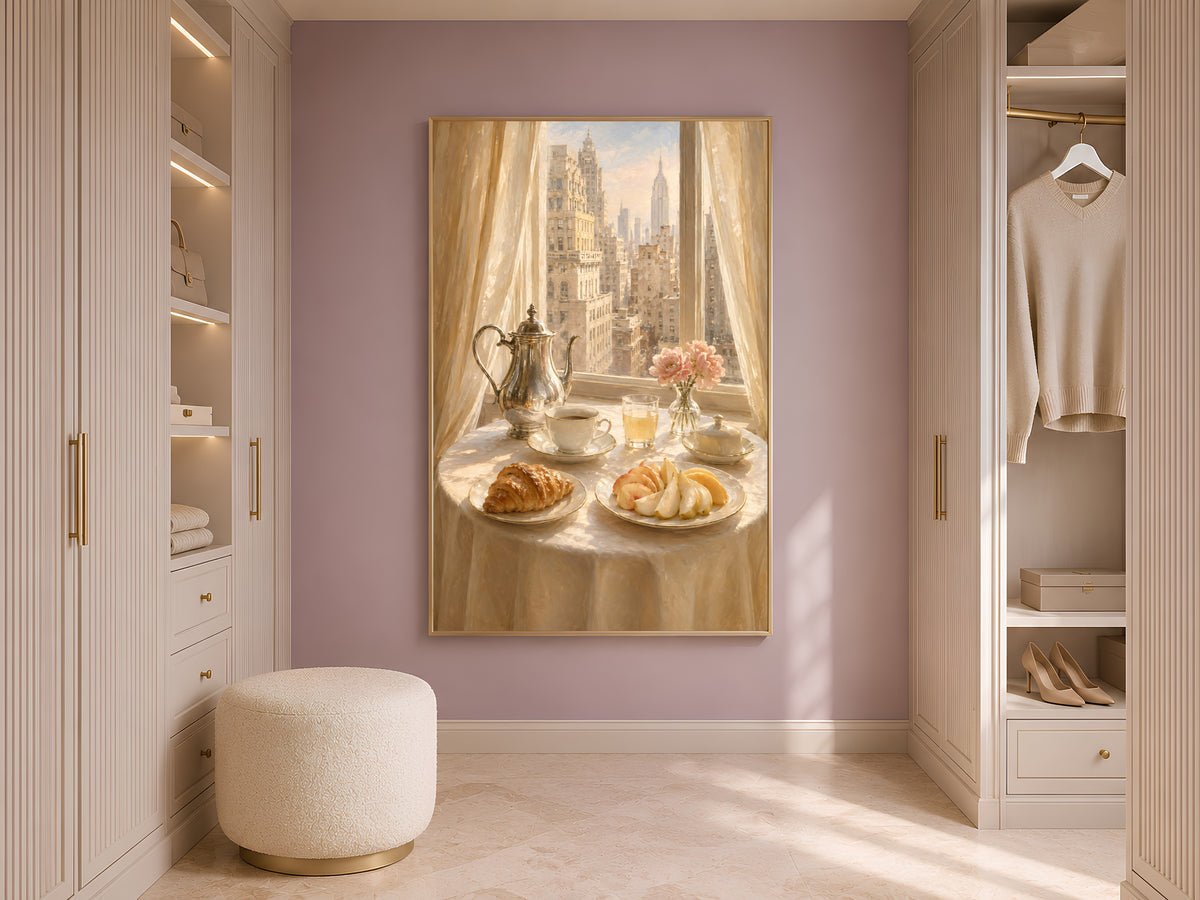 Breakfast Still Life Wall Art, Old Money Aesthetic Print, NYC Skyline Painting - Digital Download