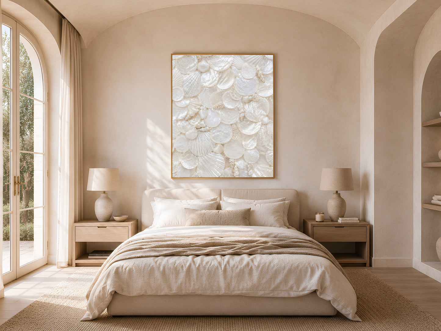 Coastal grandmother bedroom with an arched doorway, neutral linen bedding, and a framed mother of pearl print hanging above the headboard.