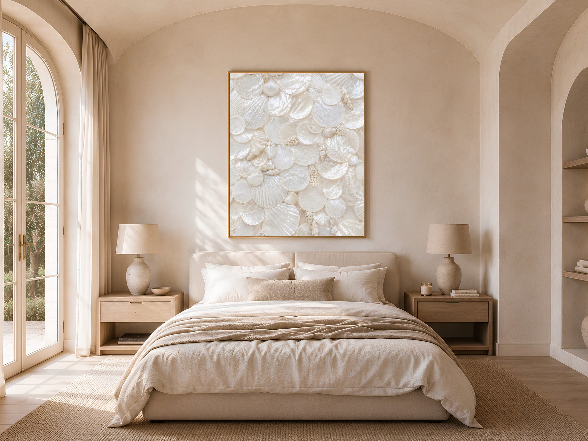 Coastal grandmother bedroom with an arched doorway, neutral linen bedding, and a framed mother of pearl print hanging above the headboard.