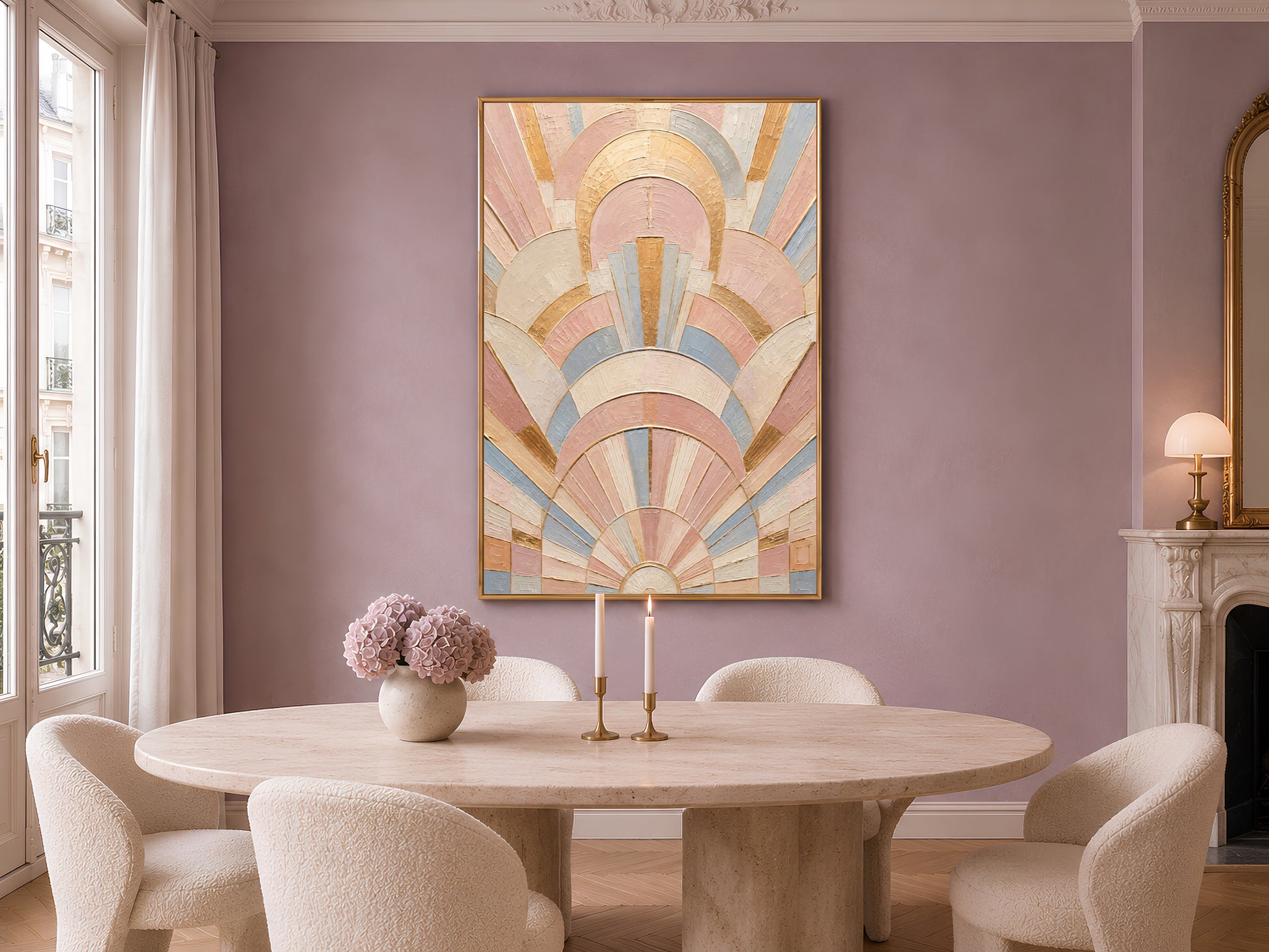 Pastel art deco arch print in gold frame above round dining table in elegant neutral dining room
