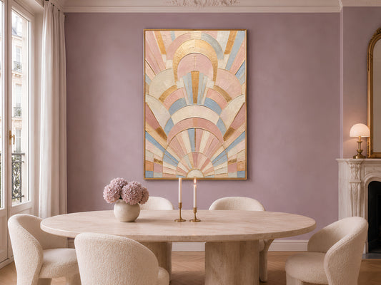 Pastel art deco arch print in gold frame above round dining table in elegant neutral dining room
